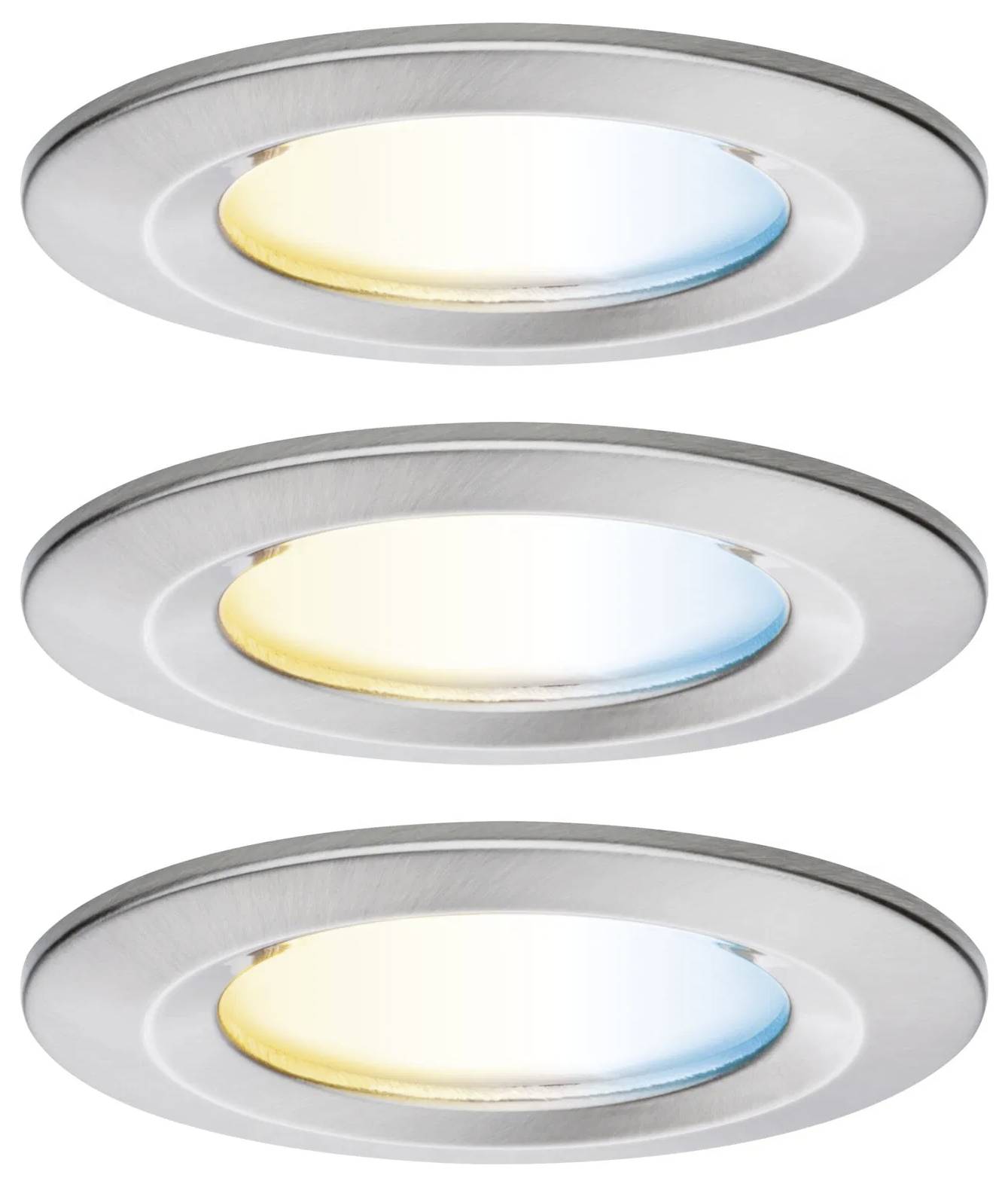 Drei kreisförmige LED-Deckenleuchten mit Metallrändern, die verschiedene Farbtemperaturen veranschaulichen: warmweiß, kühlweiß und neutralweiß.