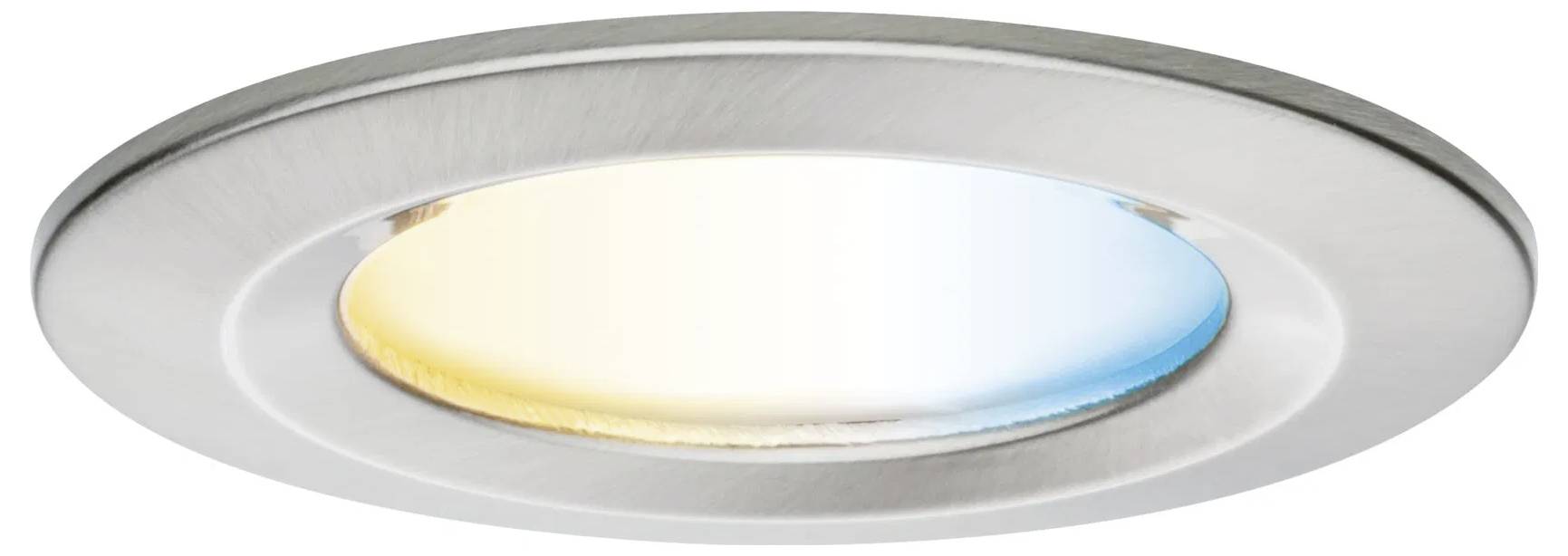 Runde, metallische Einbauleuchte in der Decke mit einem Farbverlauf von warmem Gelb zu kühlem Blau, der einstellbare Beleuchtungstöne anzeigt.