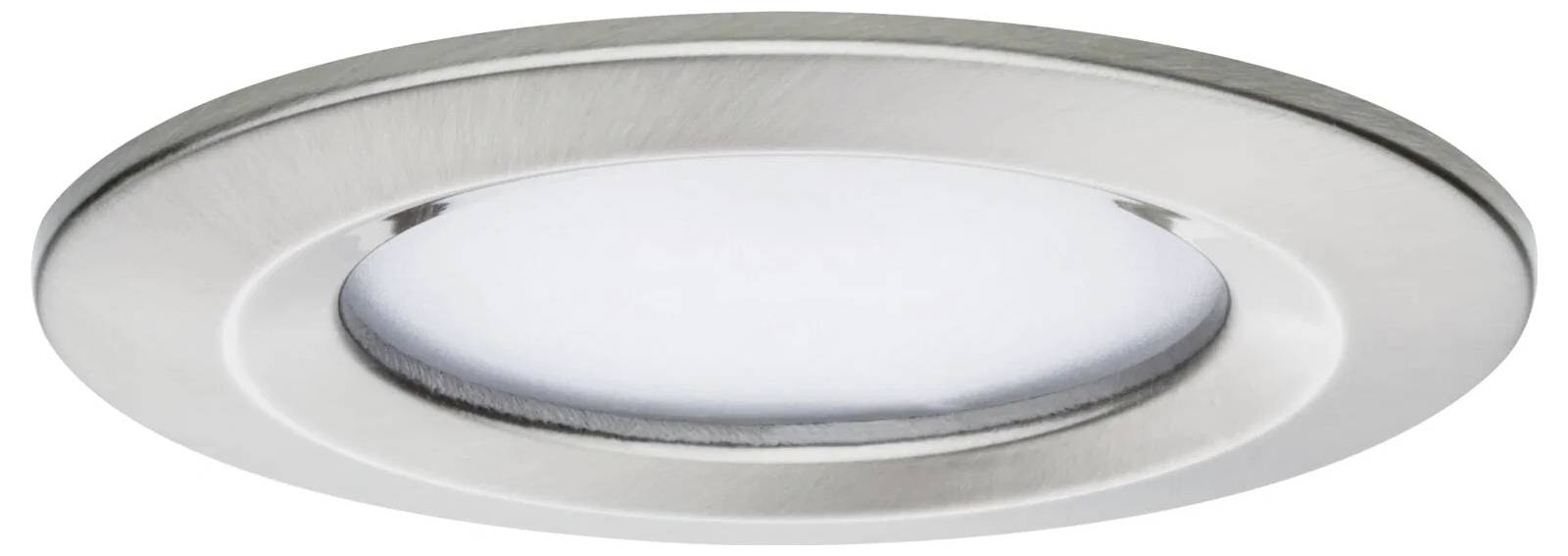 Eingelassene Deckenleuchte mit einem gebürsteten Metallrahmen und einer satinierten Glasabdeckung, konzipiert für Innenbeleuchtung.