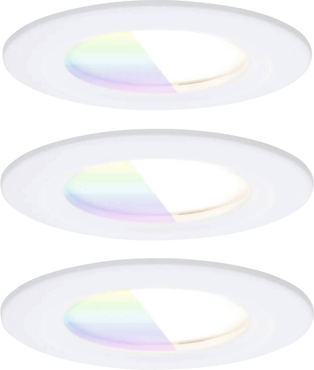 Drei runde, weiße Deckenleuchten mit Regenbogenreflexionen auf der Hälfte jeder Leuchte, vertikal in einer einfachen Anordnung angeordnet.