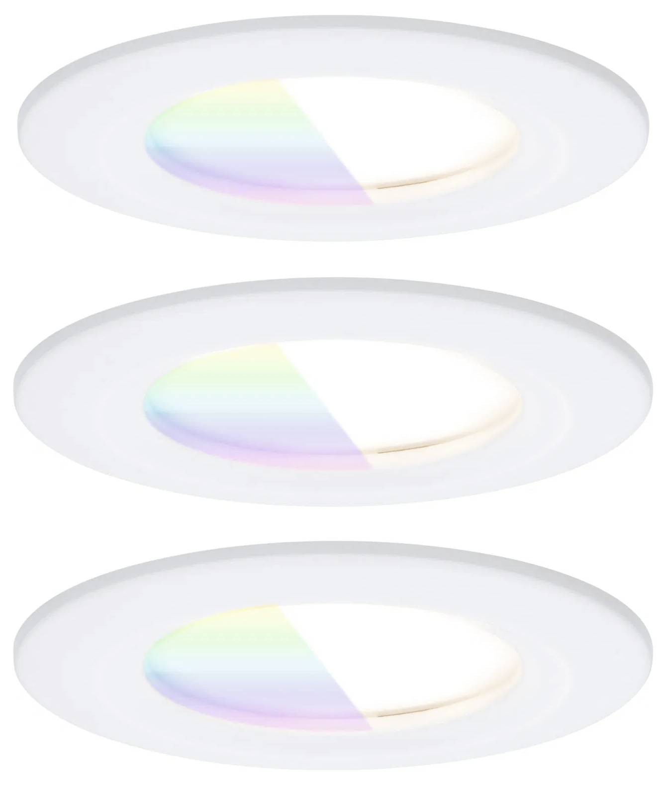 Drei runde, eingelassene Deckenleuchten mit einem Regenbogen-Farbverlaufseffekt auf der Hälfte der Oberfläche jeder Leuchte.