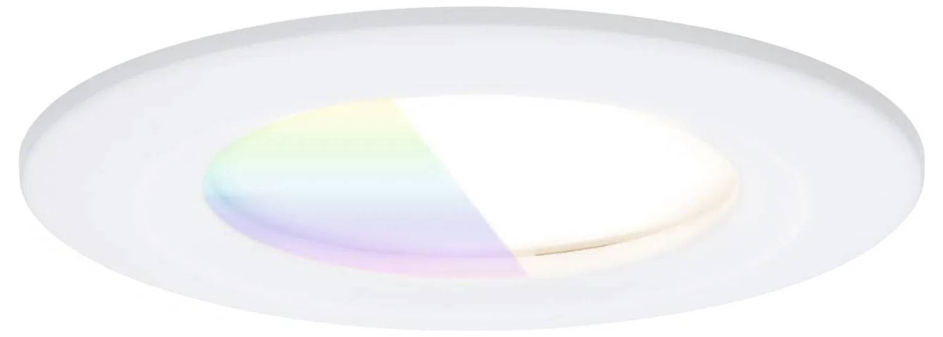 Eine moderne, kreisförmige LED-Deckenleuchte mit weißem Rahmen zeigt ein weiches Leuchten mit einem Farbverlauf aus Blau, Grün und Rosa.