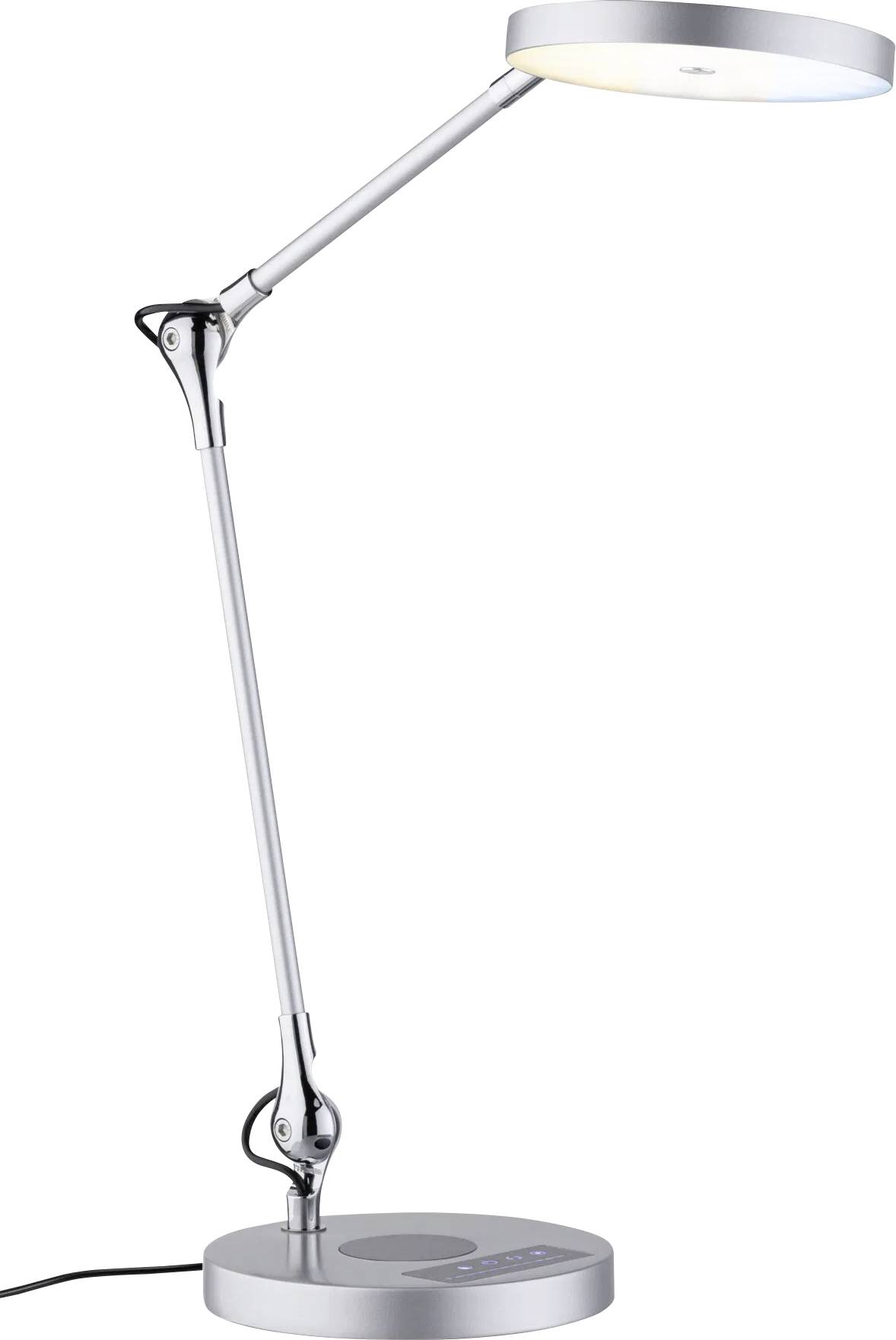 Eine moderne, verstellbare silberne Schreibtischlampe mit einem runden LED-Kopf und einer Touch-Steuerungsbasis, entwickelt für fokussierte Arbeitsbeleuchtung.