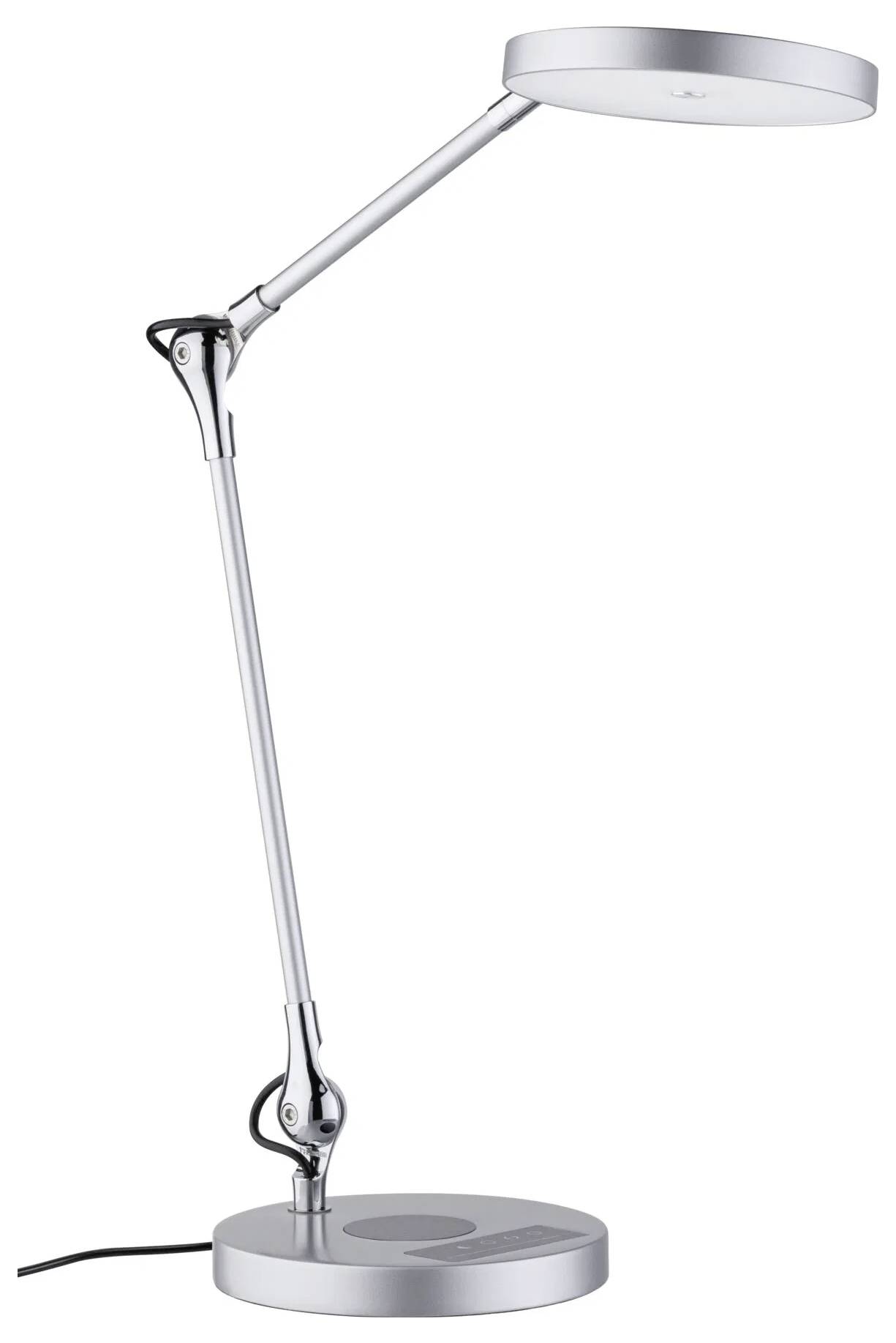 Eine silberne, verstellbare Schreibtischlampe mit rundem Fuß und Lampenkopf, entwickelt für Arbeitsbeleuchtung mit modernem, minimalistischem Stil.