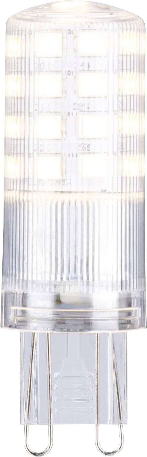 Eine klare LED-Glühbirne mit einer zylindrischen Form und Metallstiften an der Basis, die für helle, effiziente Beleuchtung konzipiert ist.