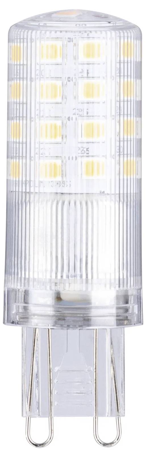 Eine transparente LED-Glühbirne mit mehreren kleinen gelben LED-Chips, die in Reihen angeordnet sind und für effiziente Beleuchtung konzipiert ist, mit zwei Metallstiften zur Verbindung.