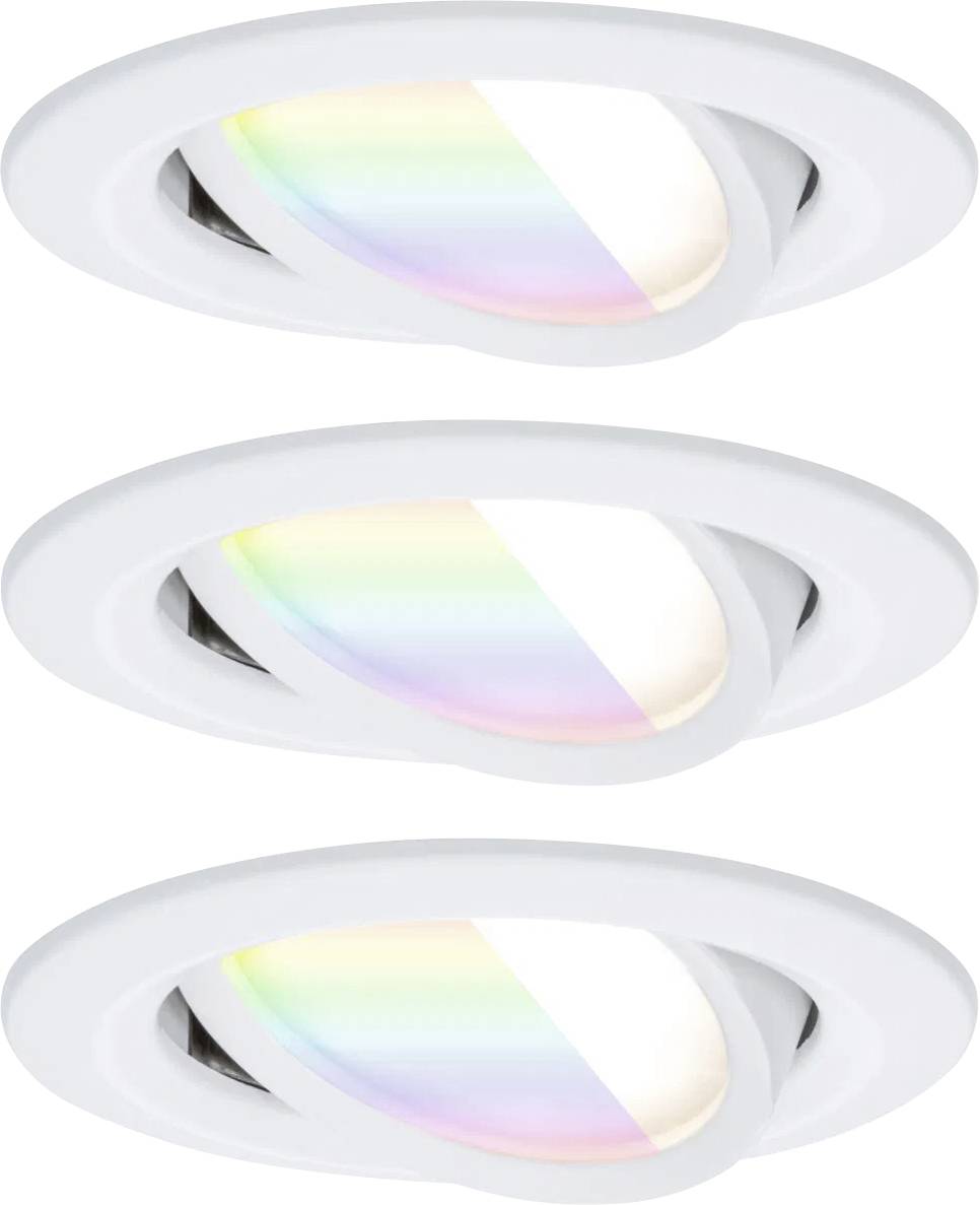 Drei runde weiße Deckenleuchten mit einstellbaren Farben, die ein Regenbogenspektrum darstellen.