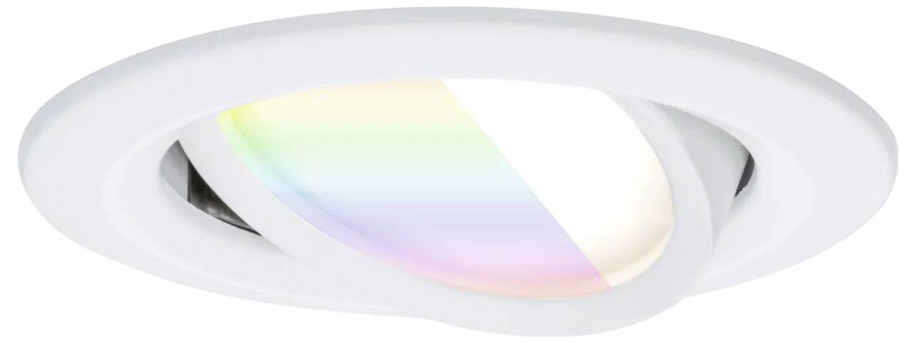 Eine weiße eingelassene Deckenleuchte mit glatter Blende und regenbogenfarbener Beleuchtung.