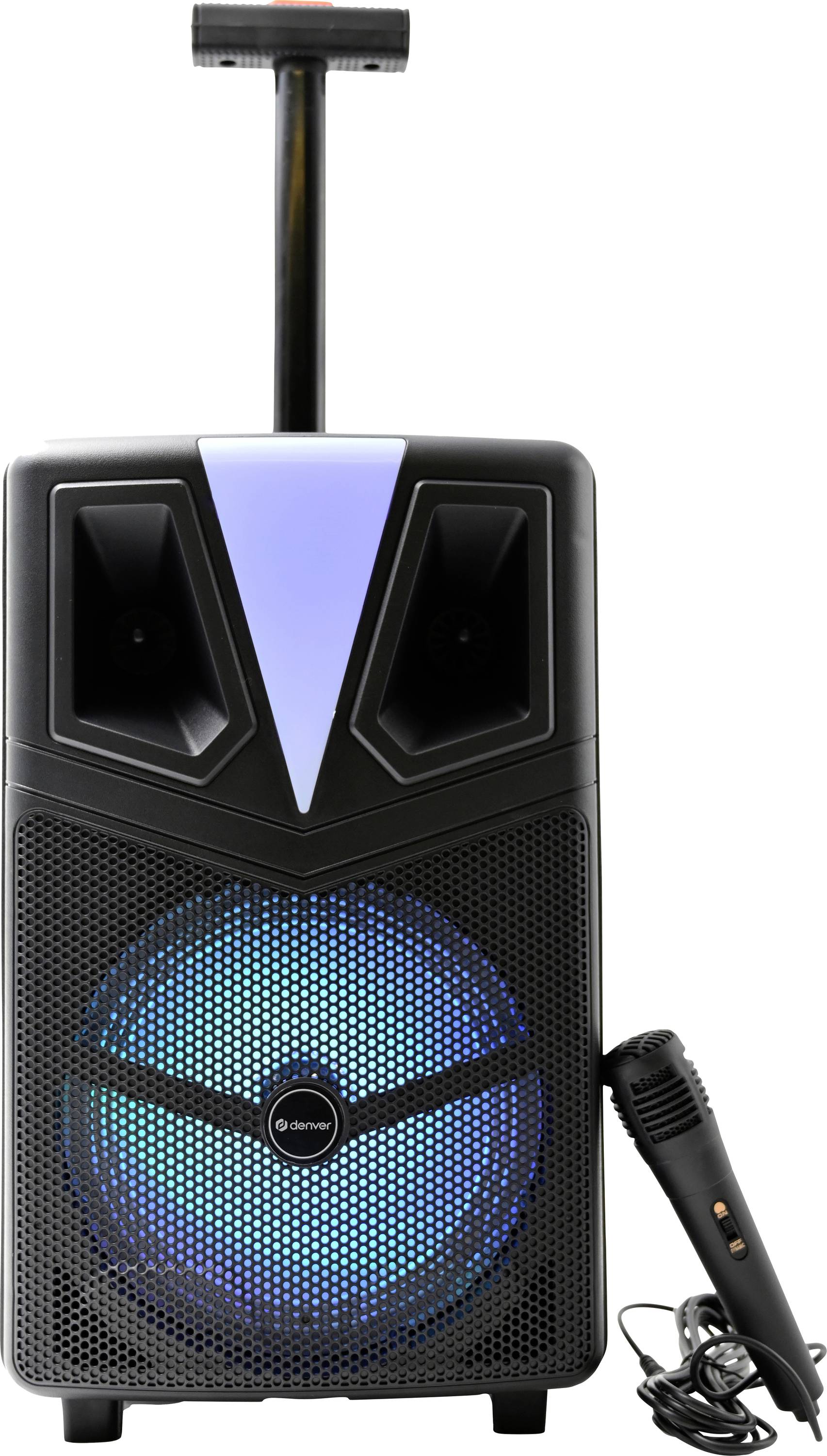 Ein tragbarer Lautsprecher mit LED-Beleuchtung, ausziehbarem Griff und einem Mikrofon.