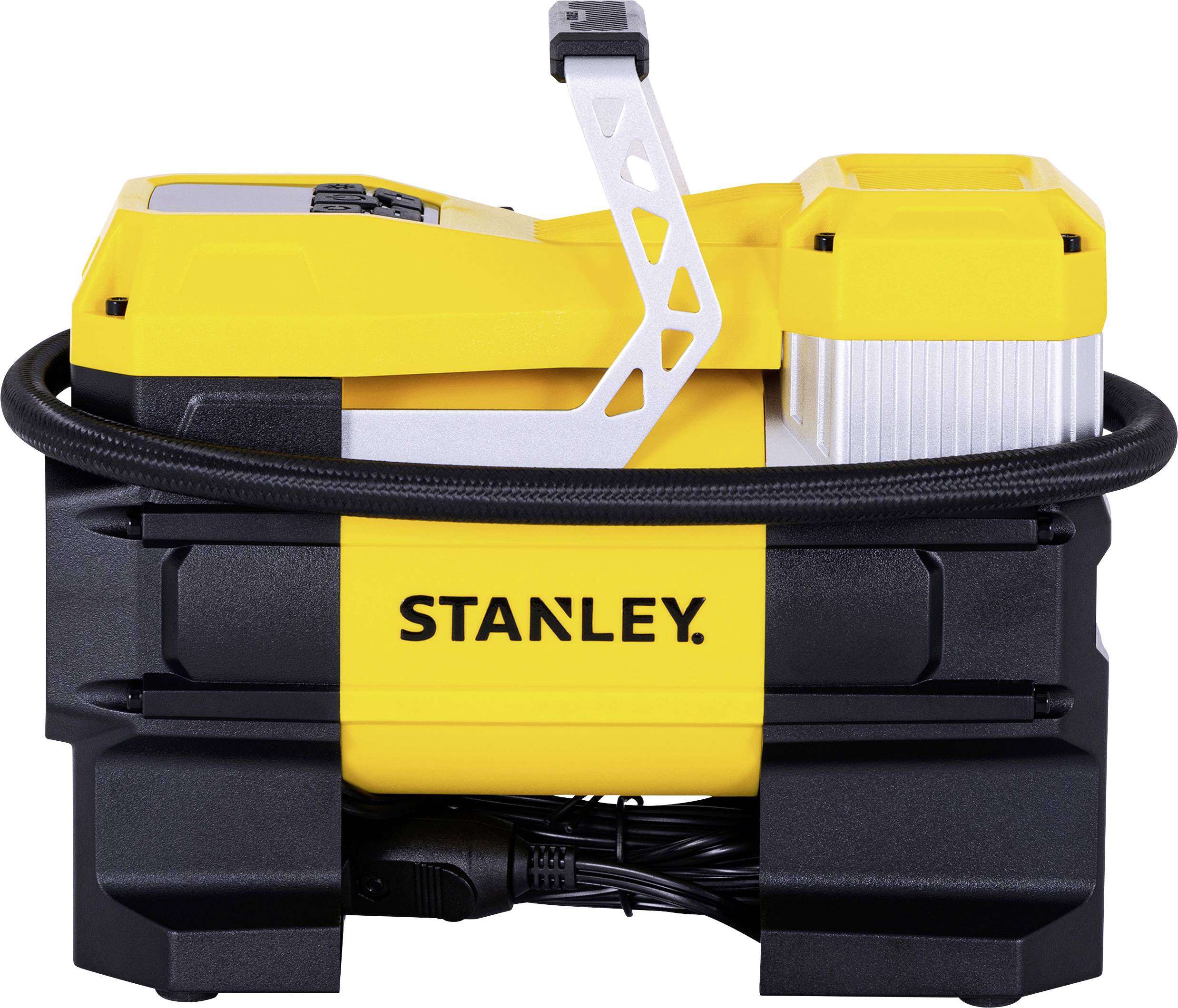 Ein gelber und schwarzer Luftkompressor mit der Aufschrift 'STANLEY' auf der Vorderseite, ausgestattet mit einer Spirale aus schwarzem Schlauch und einem metallischen Griff oben.