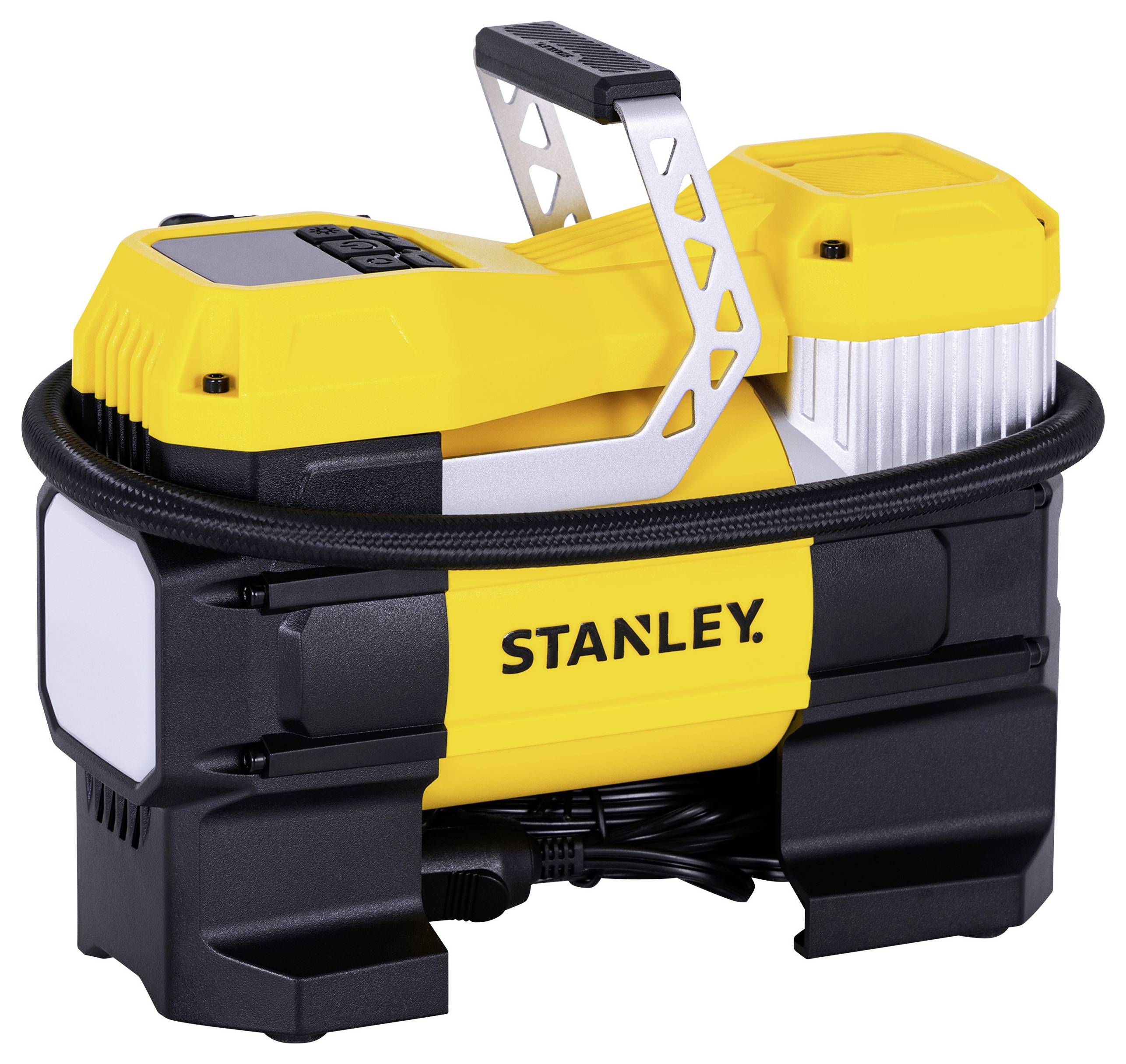 Tragbarer Luftkompressor der Marke 'Stanley' in gelb und schwarz mit Griff, umwickeltem Schlauch und kompaktem Design für mobile Einsätze.