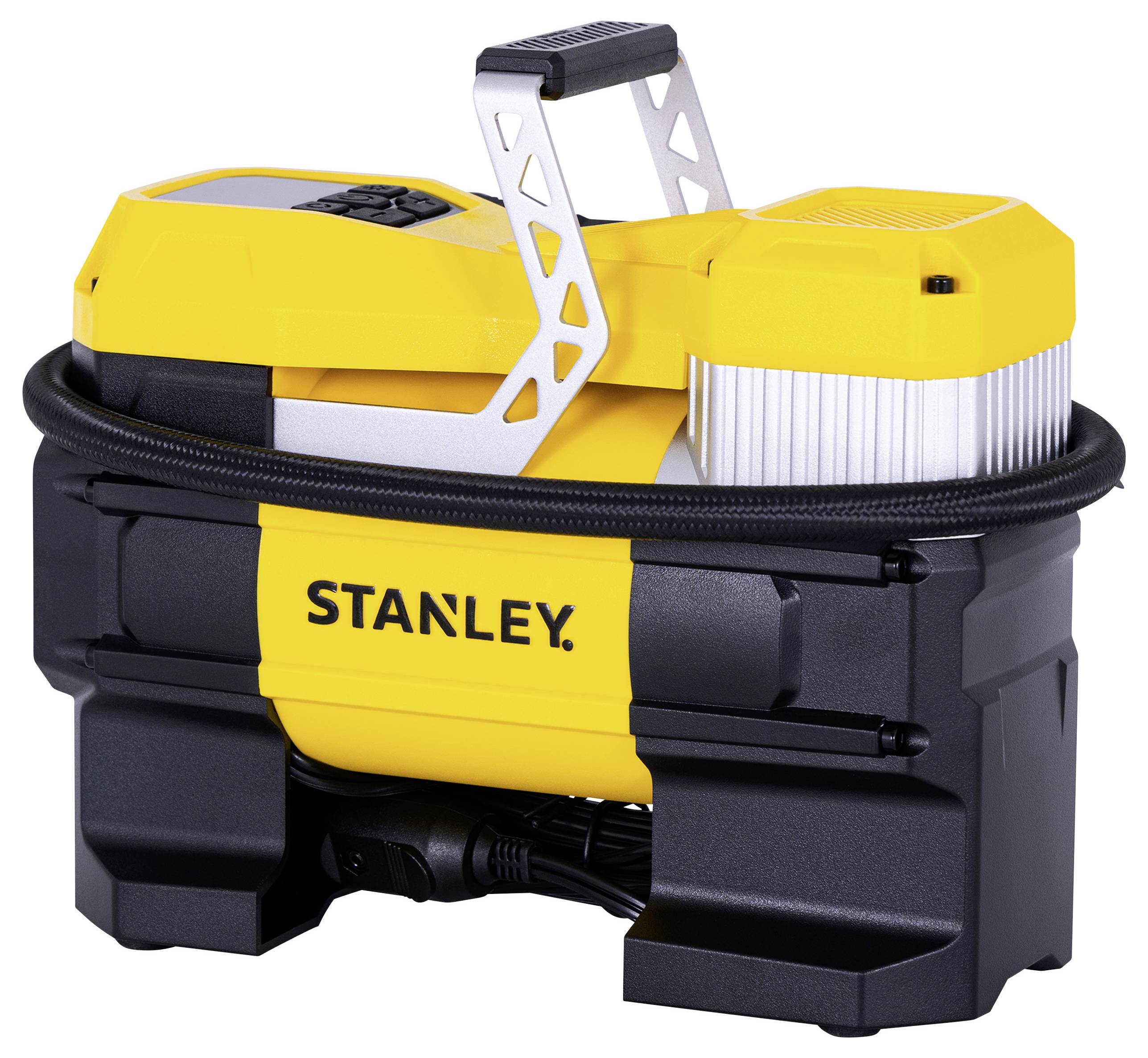 Tragbarer Stanley-Luftkompressor in Gelb und Schwarz, mit um das Gerät gewickeltem Kabel.