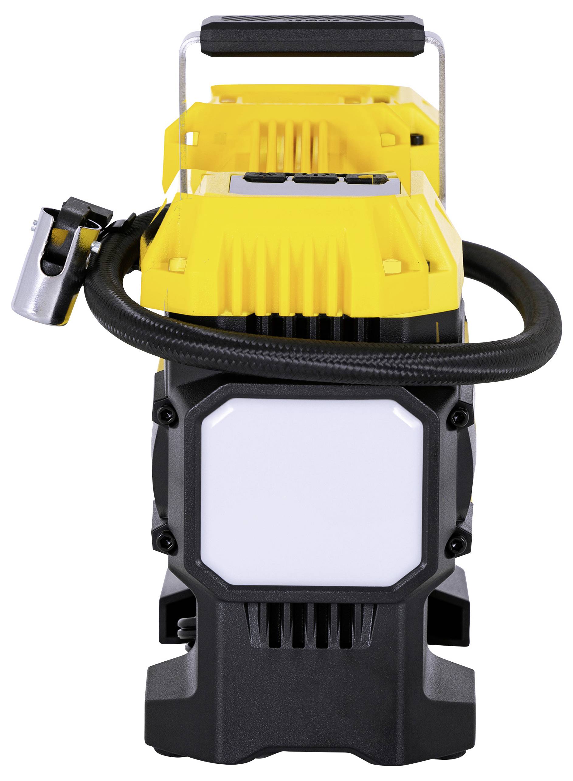 Tragbarer gelber und schwarzer Luftkompressor mit einer aufgewickelten Schlauchleitung, ausgestattet mit einem robusten Griff zum Transport.