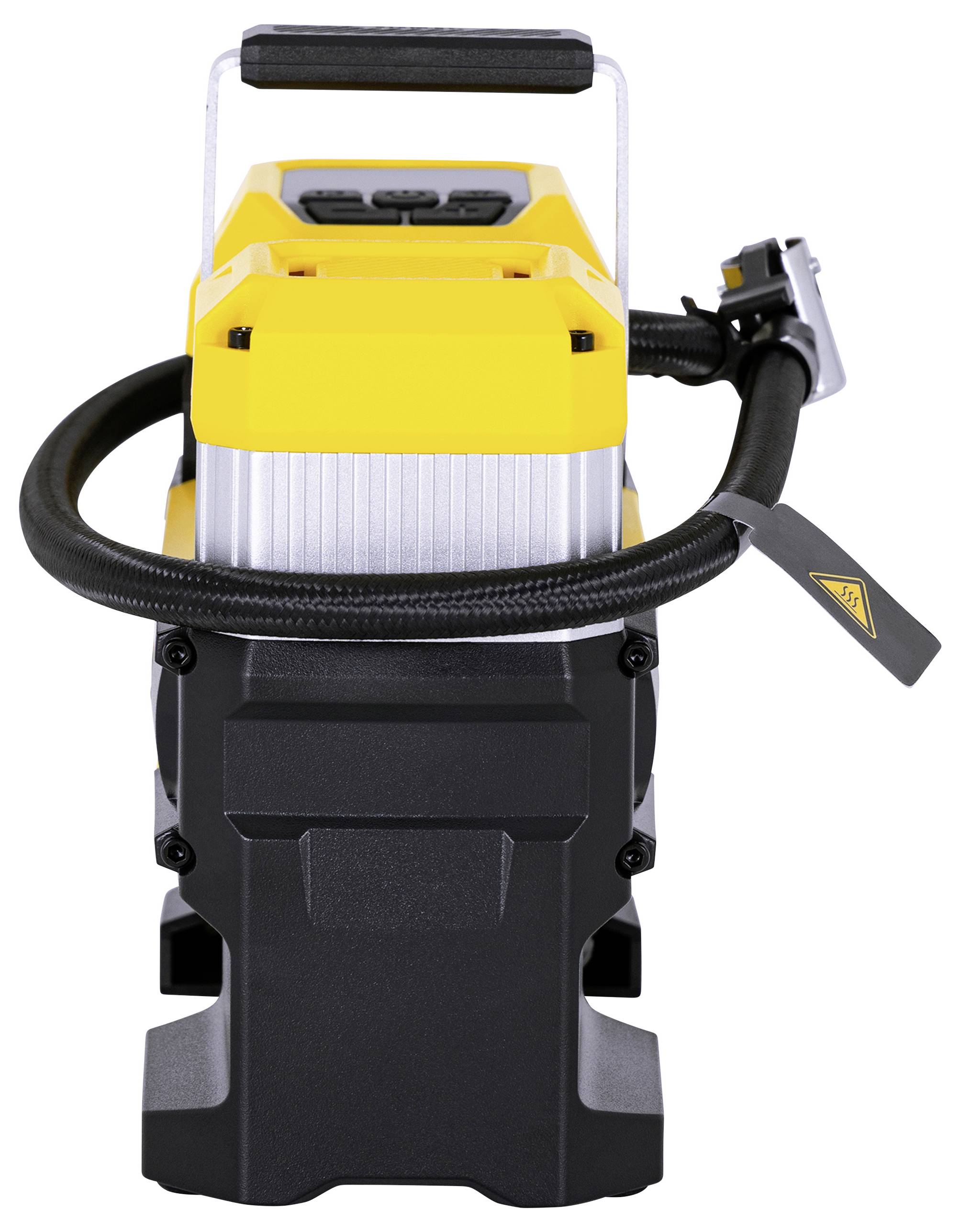 Ein tragbarer elektrischer Luftkompressor mit einem schwarzen Schlauch, gelb-farbener Gehäuse und Griff, entwickelt zum Aufpumpen von Reifen und für andere Anwendungen.