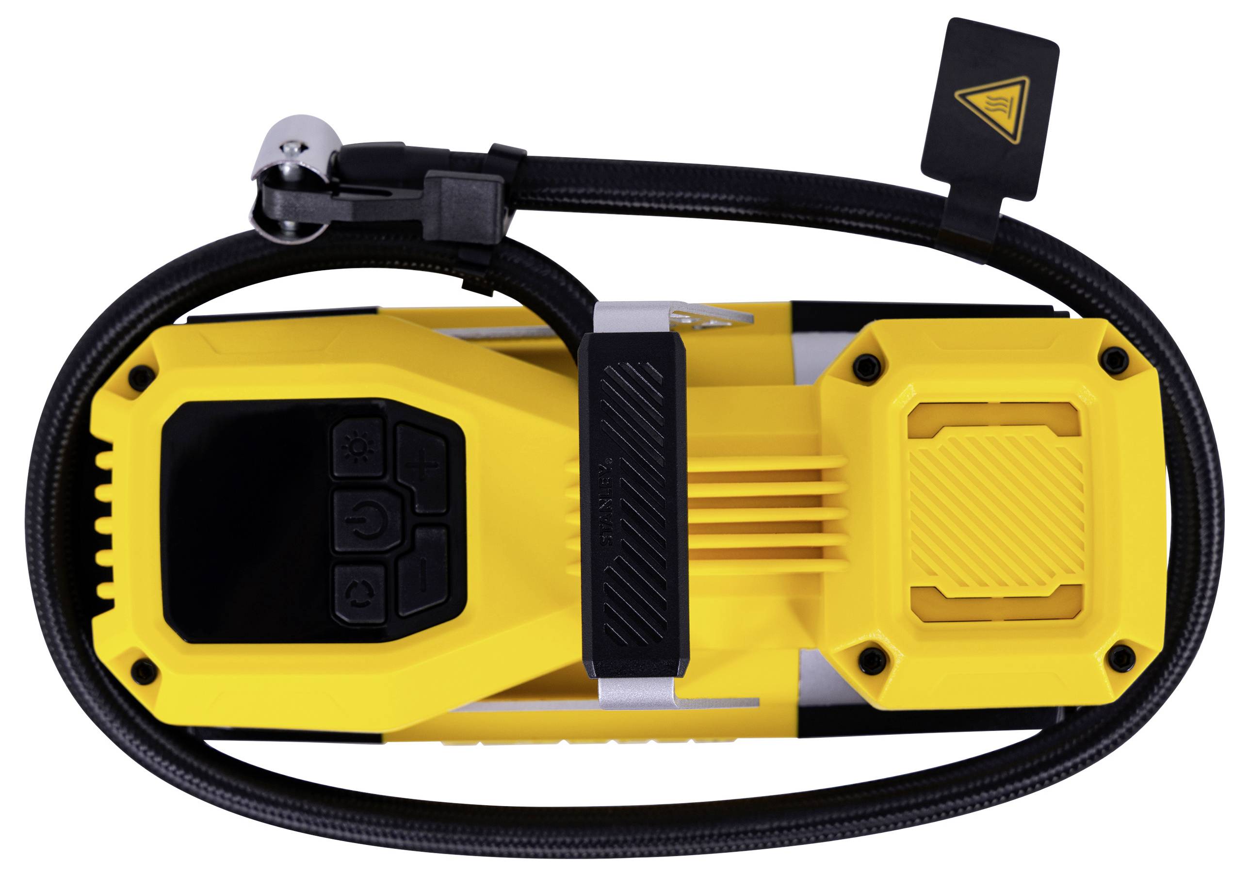 Ein gelber und schwarzer tragbarer Luftkompressor mit Bedienungstasten und angeschlossener Spiralschlauch, konzipiert zum Aufpumpen von Reifen.