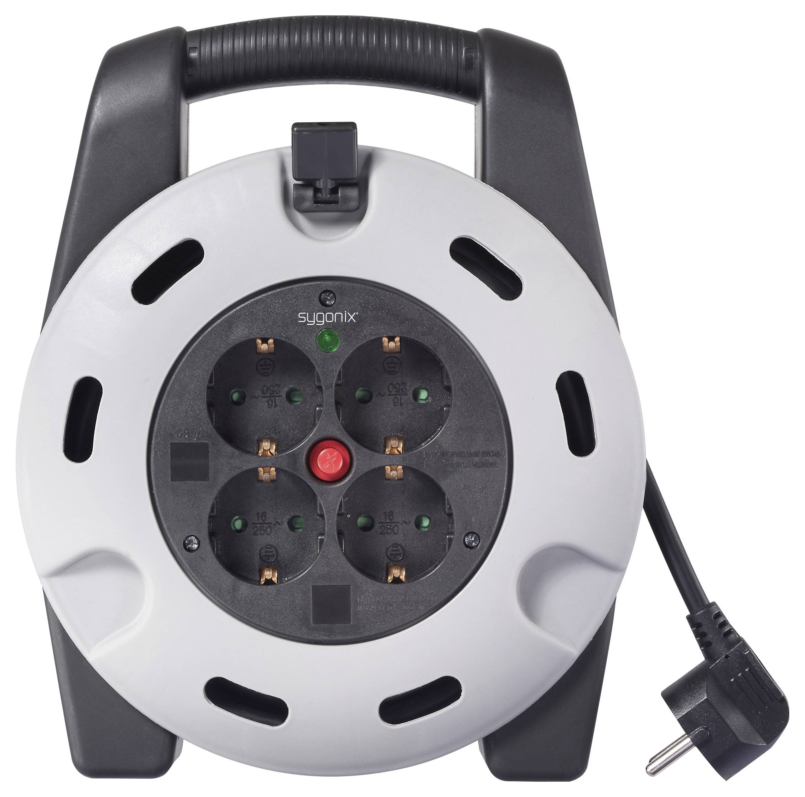 Eine kompakte Kabelrolle mit Griff, ausgestattet mit vier Steckdosen und einem Stecker.