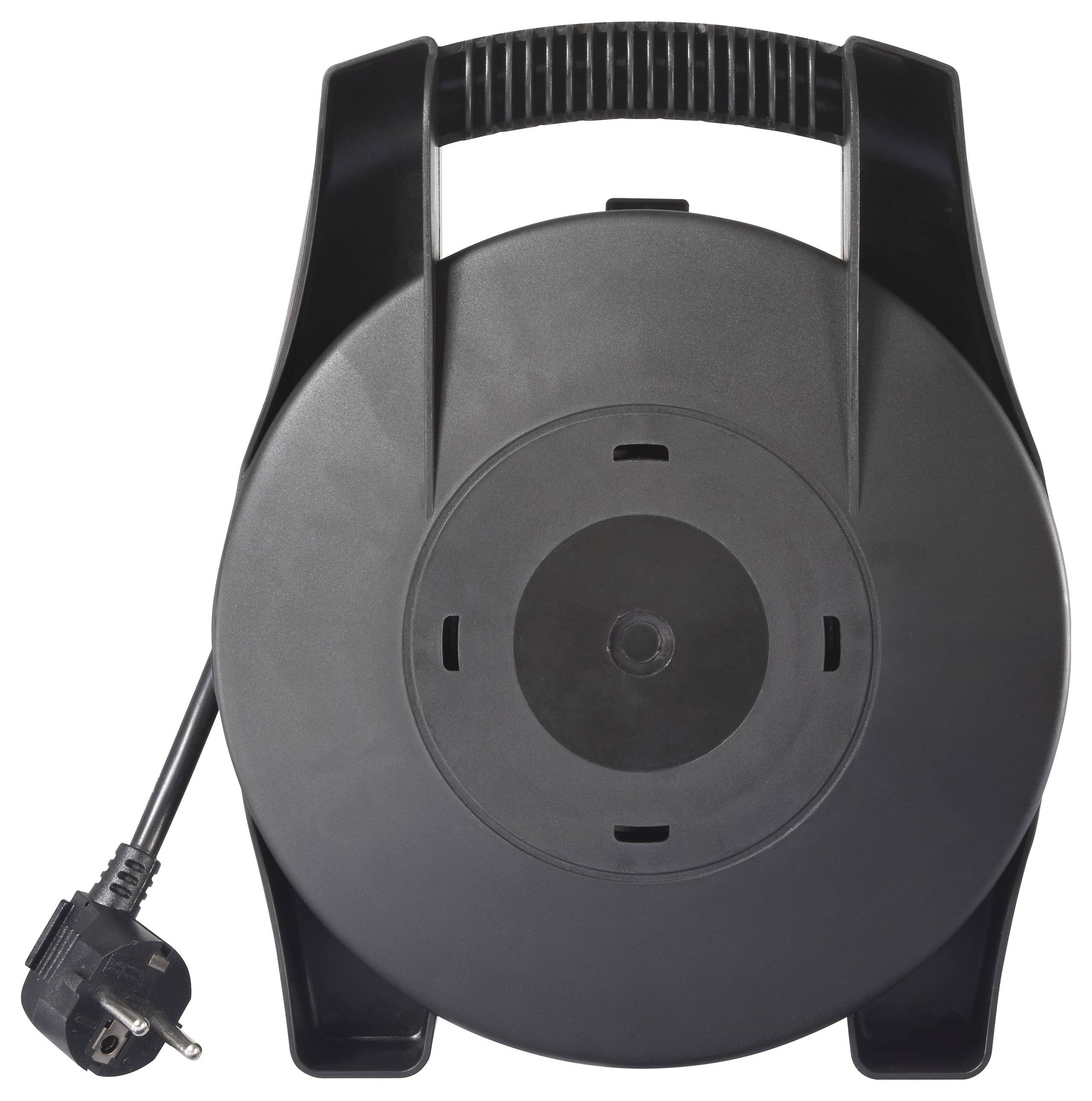 Eine schwarze einziehbare Kabelrolle mit angeschlossenem Stromstecker, entwickelt zur effizienten Organisation und Lagerung von Verlängerungskabeln.