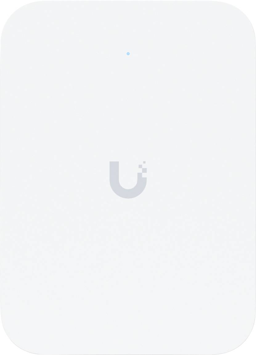 Weißer rechteckiger drahtloser Zugangspunkt mit einer kleinen blauen LED-Anzeige oben und einem grauen 'U'-Logo in der Mitte.