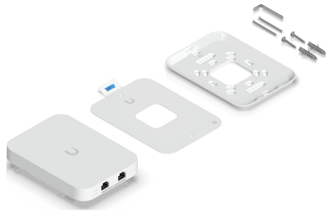 Explosionszeichnung eines drahtlosen Zugangspunkts mit Montagehalterung und Zubehör, die Anschlüsse und Ausrichtung für die Montage zeigt.
