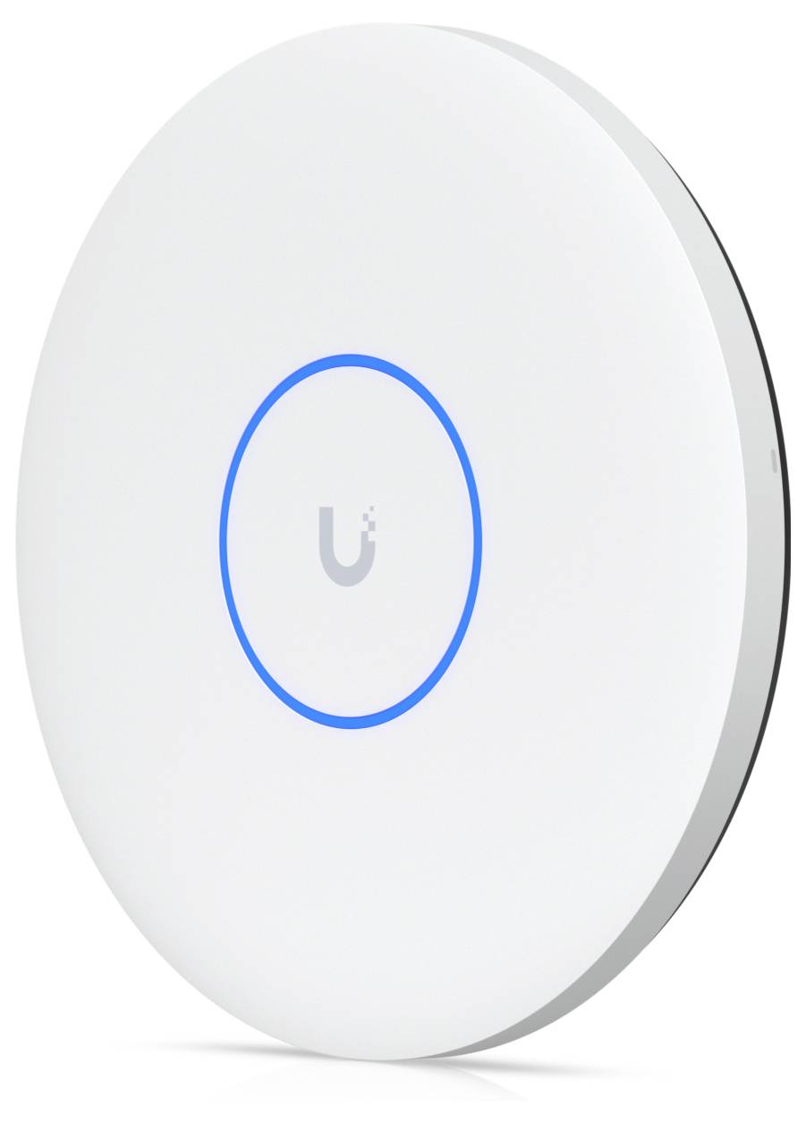 Ein runder weißer Wireless Access Point mit einem blauen LED-Ring und einem kleinen 'U'-Logo in der Mitte, entwickelt für verbesserte Internetkonnektivität.