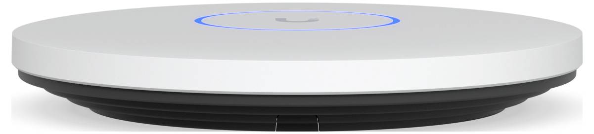 Ein weißer, runder drahtloser Zugangspunkt mit einem leuchtenden blauen Ring oben, der den aktiven Status anzeigt. Er hat ein schlankes, modernes Design.