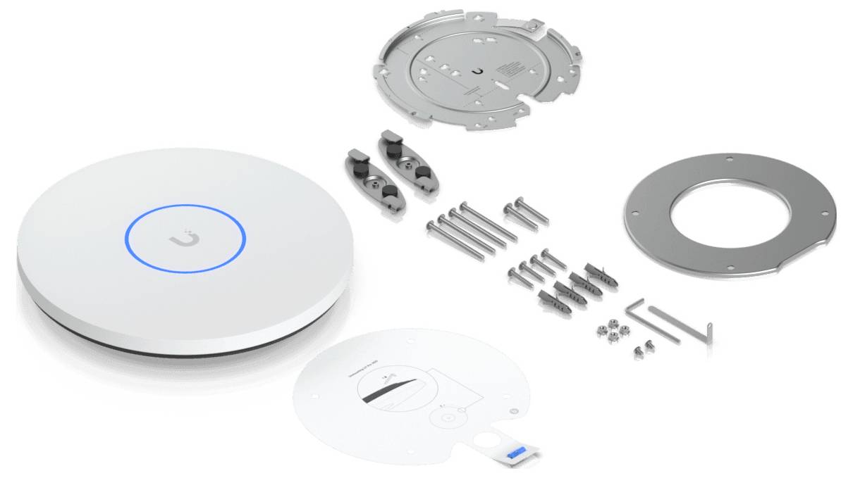WLAN-Zugangspunkt mit Montagehalterung und Schrauben auf weißem Hintergrund.