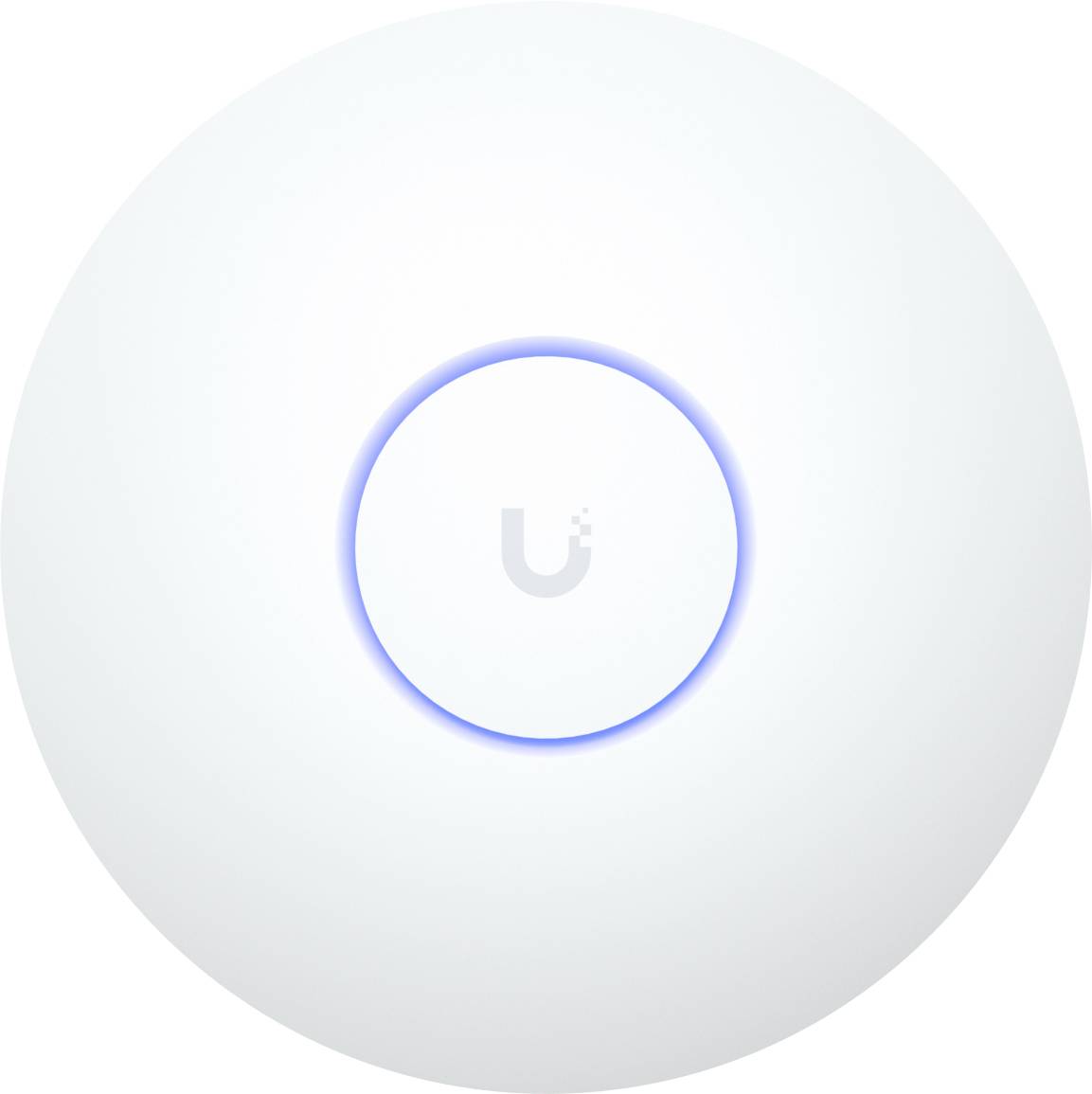Ein runder, weißer WLAN-Zugangspunkt mit einem kleinen blauen Licht in der Mitte. Der Buchstabe ‚U' wird auf dem Gerät angezeigt.