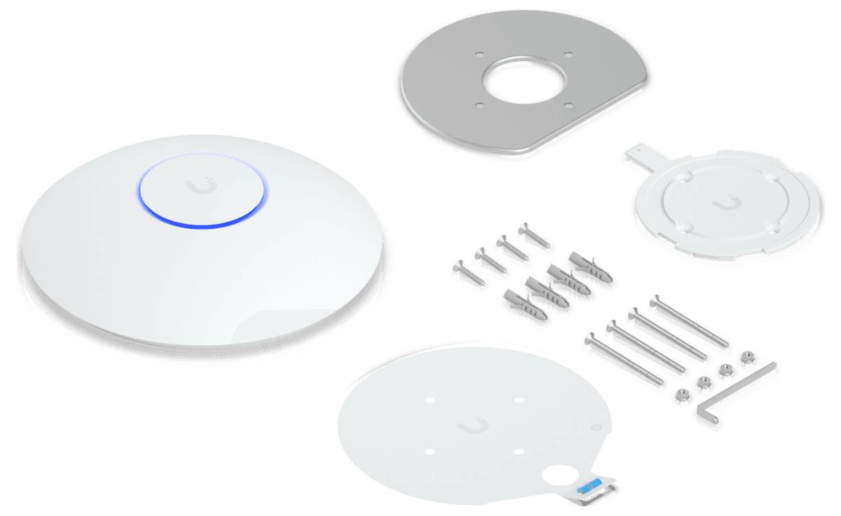 Deckeninstallierter drahtloser Zugangspunkt mit Installationsset, inklusive Befestigungsplatten, Schrauben und Dübeln für eine sichere Installation.