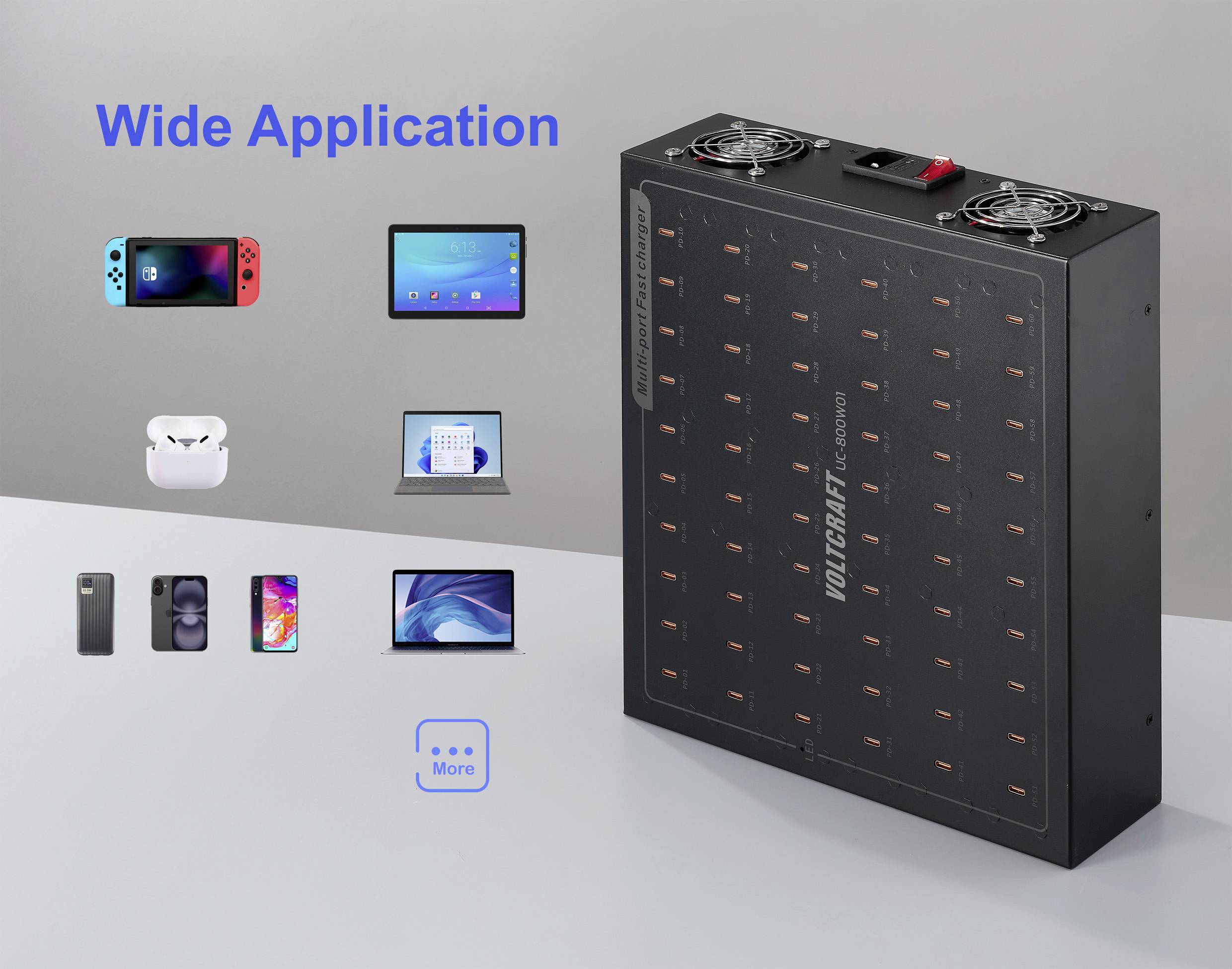 Eine Ladestation mit mehreren Anschlüssen wird zusammen mit verschiedenen Geräten wie Tablets und Smartphones präsentiert. Der Text lautet 'Breite Anwendung.'