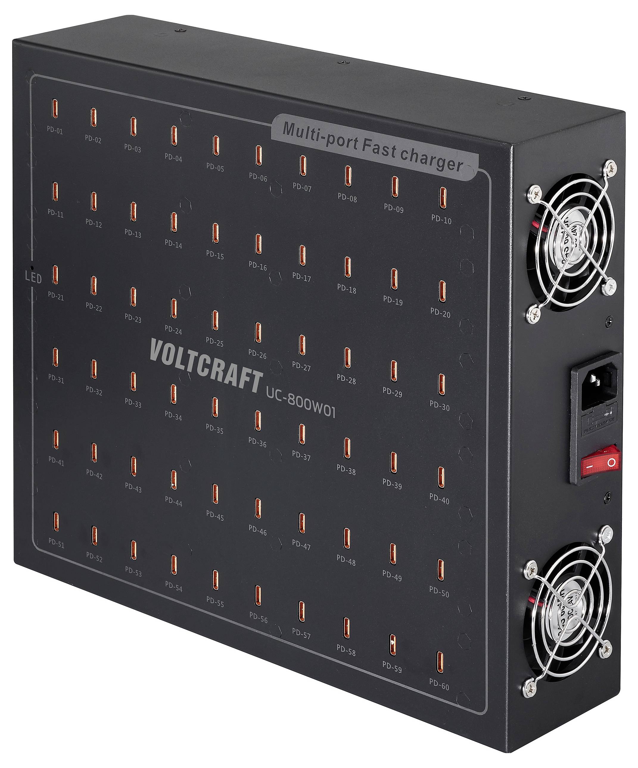 'Voltcraft UC-800W01' Multianschluss-Schnellladegerät mit 48 Anschlüssen, LED-Anzeigen und seitlichen Lüftungsventilatoren.