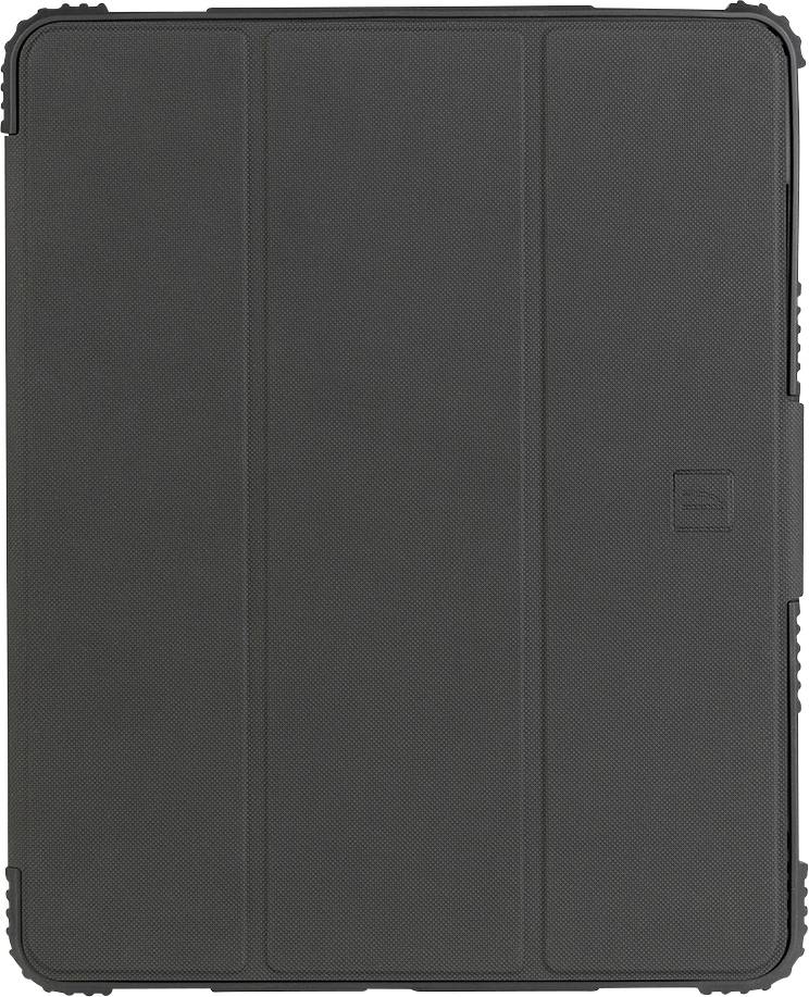 Schwarze Tablet-Schutzhülle mit dreigeteiltem Umschlag, geschlossen vor weißem Hintergrund gezeigt.