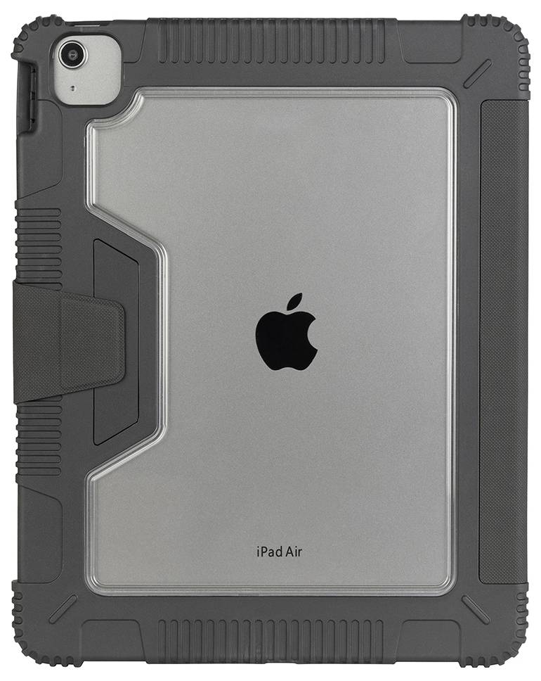Rückansicht eines iPad Air in einer robusten schwarzen Schutzhülle mit sichtbarem Apple-Logo und Kamera.