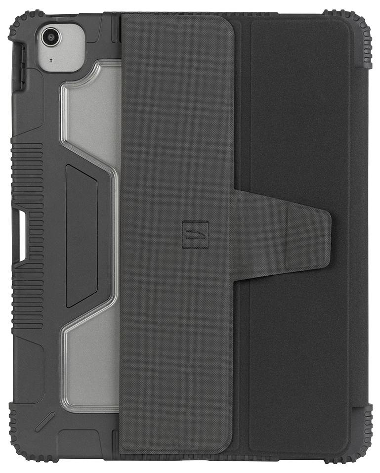 Schwarze robuste Tablet-Schutzhülle mit umklappbarer Frontabdeckung und Kameraausschnitt auf der Rückseite, geschlossen dargestellt.