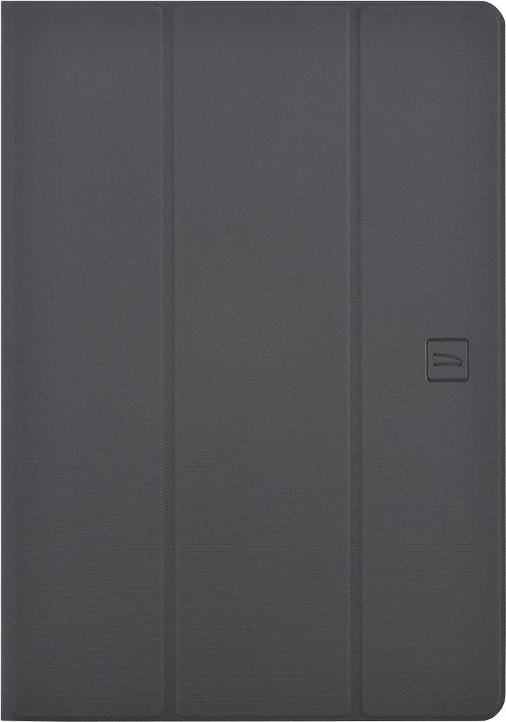 Eine dunkelgraue Tablethülle mit einem schlichten, glatten Design und sichtbaren Nähten.