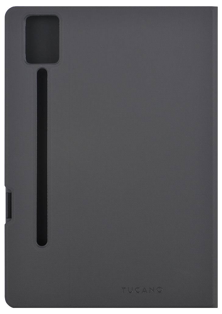 Schwarze Tablet-Hülle mit Kameraausschnitt und Halterung für Stylus, mit dem Logo 'Tucano' in der unteren Mitte.