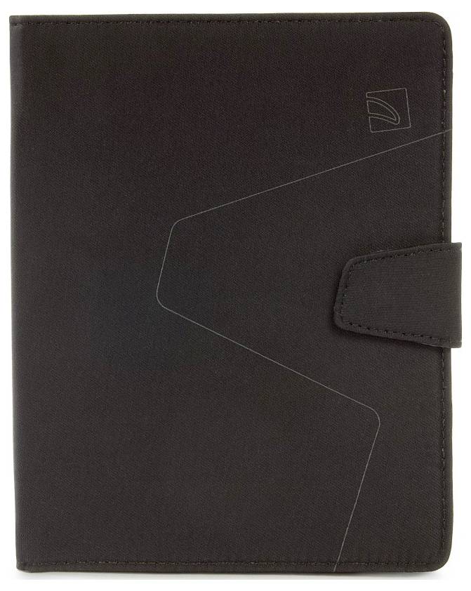 Eine schwarze Lederhülle mit magnetischem Verschluss und geprägtem Logo, geeignet für Tablet oder E-Reader.