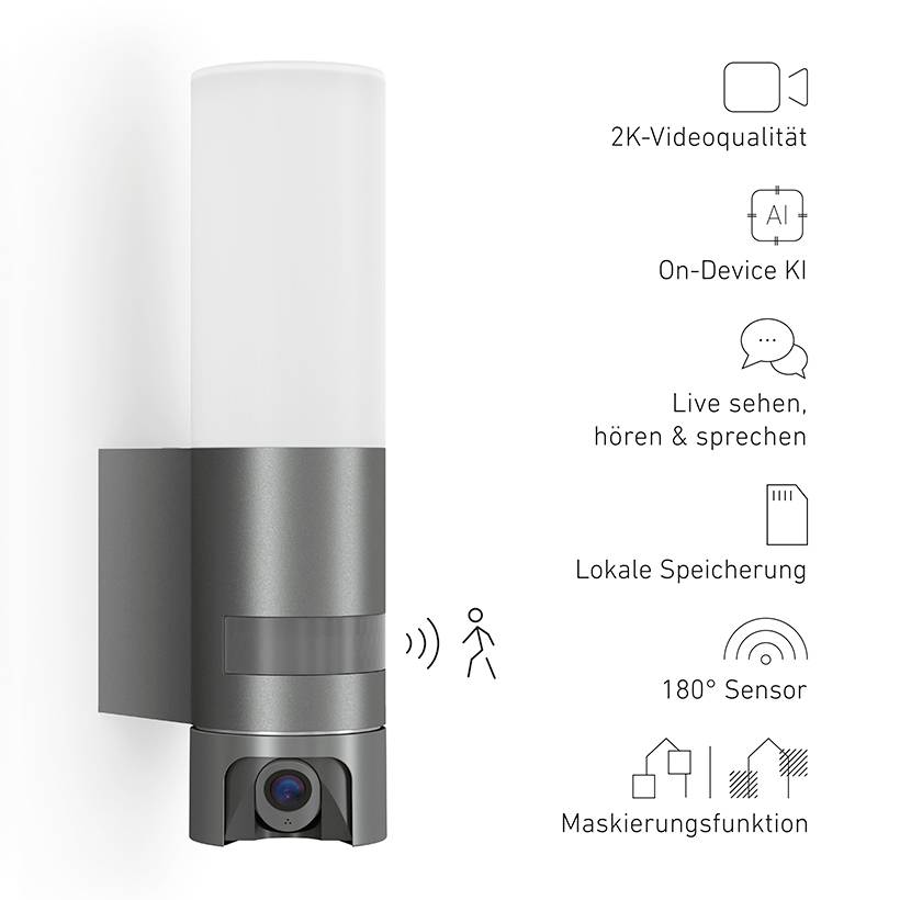 Eine moderne Außenleuchte mit integrierter Videokamera: 2K-Videoqualität, KI auf dem Gerät, Live-Interaktion, lokale Speicherung, 180°-Sensor.