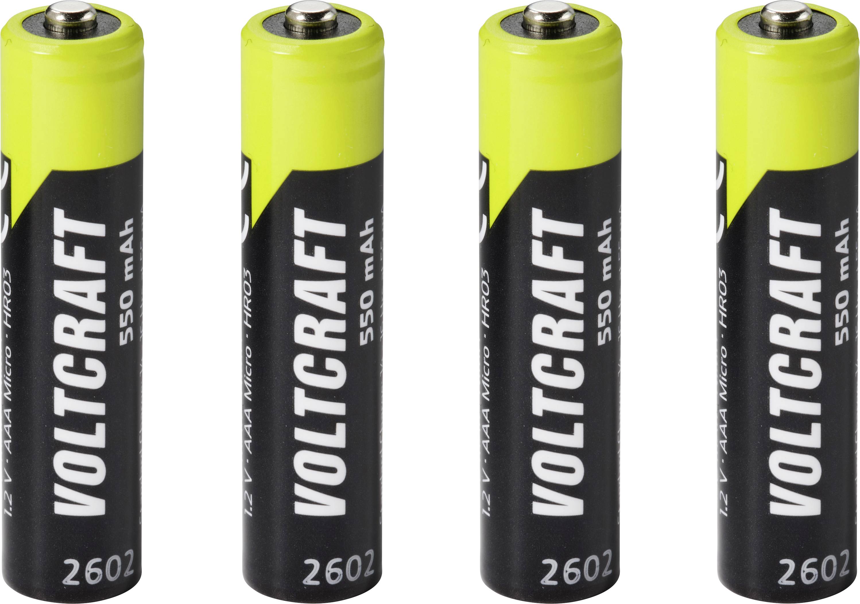 Vier AA Voltcraft wiederaufladbare Batterien aufrecht auf weißem Hintergrund stehend, beschriftet mit 550 mAh und 2602.