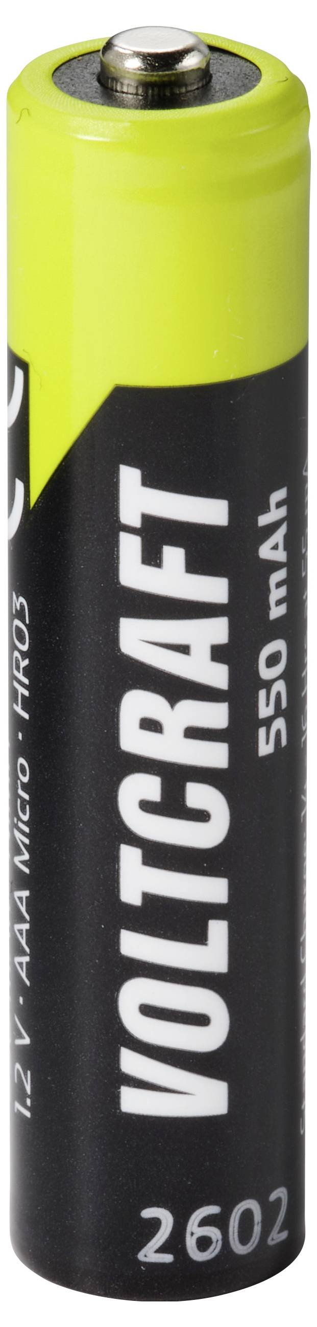 Einzelne Voltcraft AAA Ni-MH Akku, 1,2 V, 550 mAh, mit schwarzem und limonengrünem Etikett.