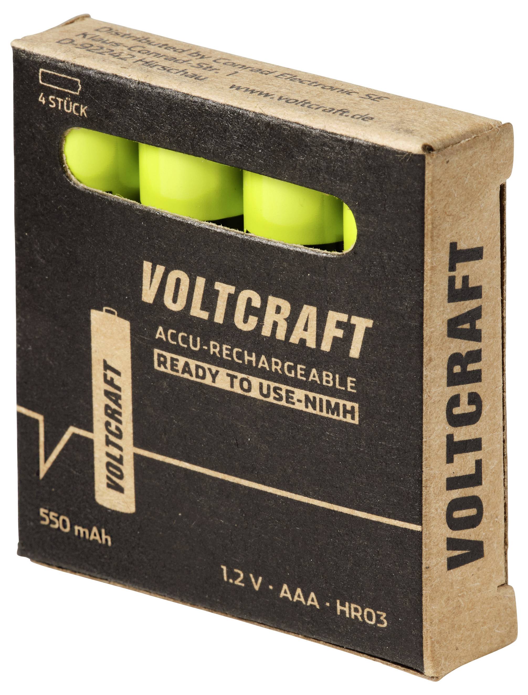 Packung mit vier wiederaufladbaren VOLTCRAFT AAA-Batterien, 1,2 V, 550 mAh, mit einer grünen Batterie, die durch das Fenster sichtbar ist.