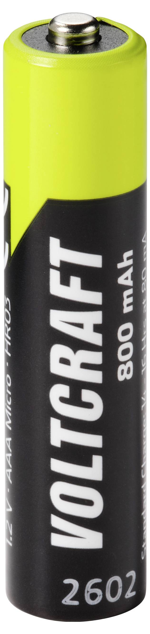Nahaufnahme einer gelb-schwarzen VOLTCRAFT 800 mAh wiederaufladbaren Batterie, die aufrecht steht.