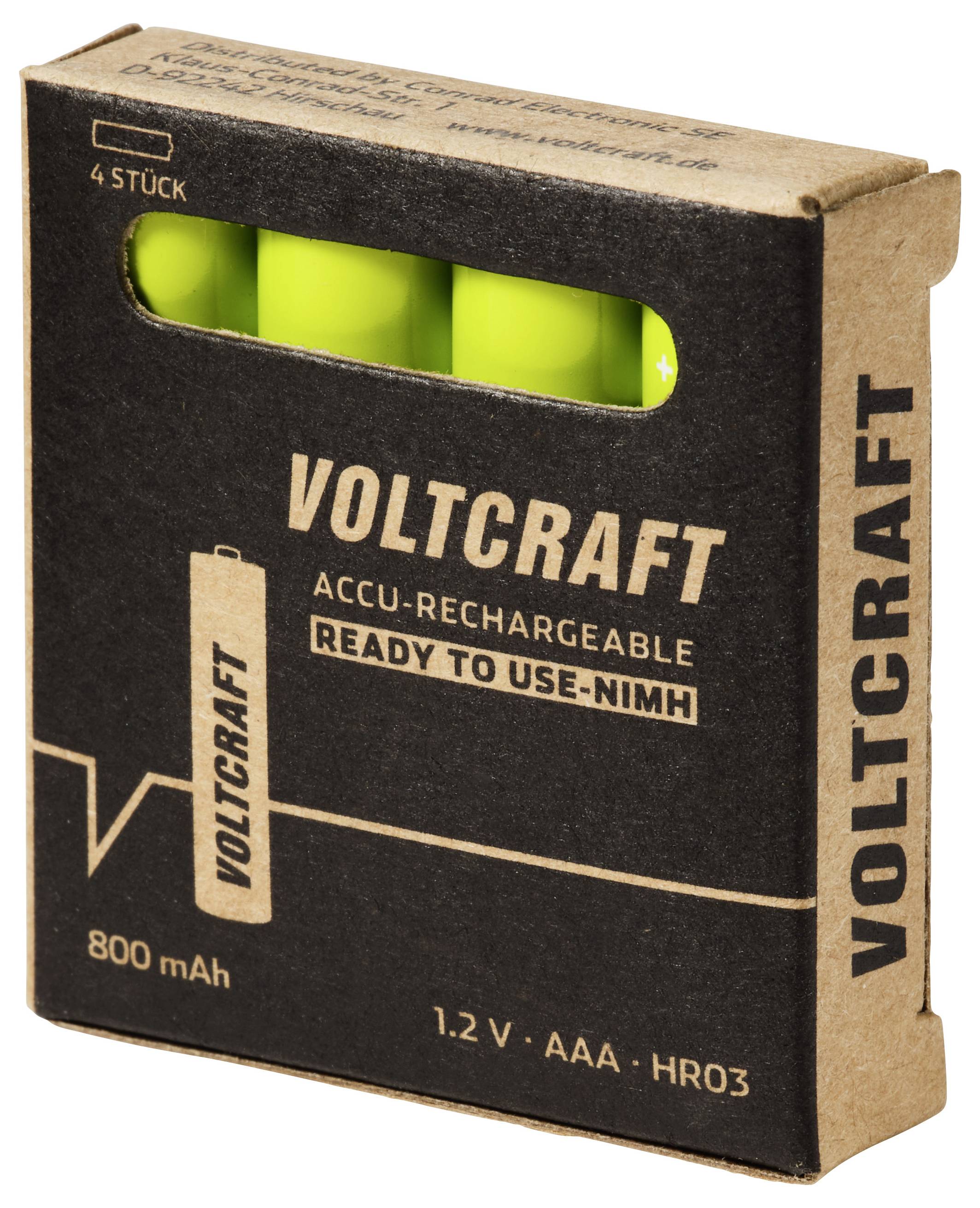 Paket mit vier aufladbaren VOLTCRAFT NiMH AAA-Batterien, 800 mAh, 1,2 V, abgebildet in schwarzer und brauner Schachtel mit grünen Batterien sichtbar durch das Fenster.