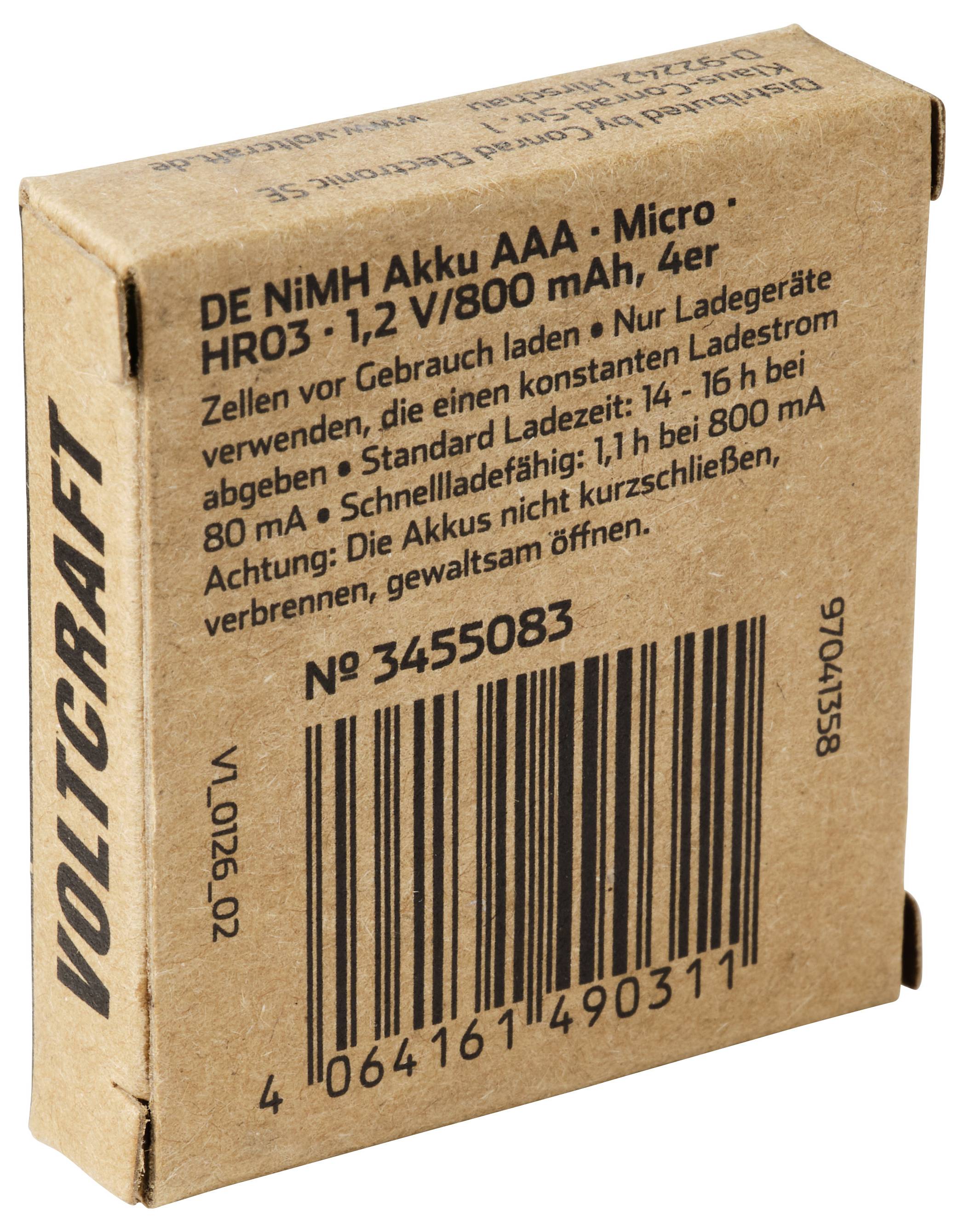Pappschachtung Varta DE NiMH Akku AAA Micro wiederaufladbare Batterien, 4er-Pack, 800 mAh, mit Barcode und deutschem Produkttext.