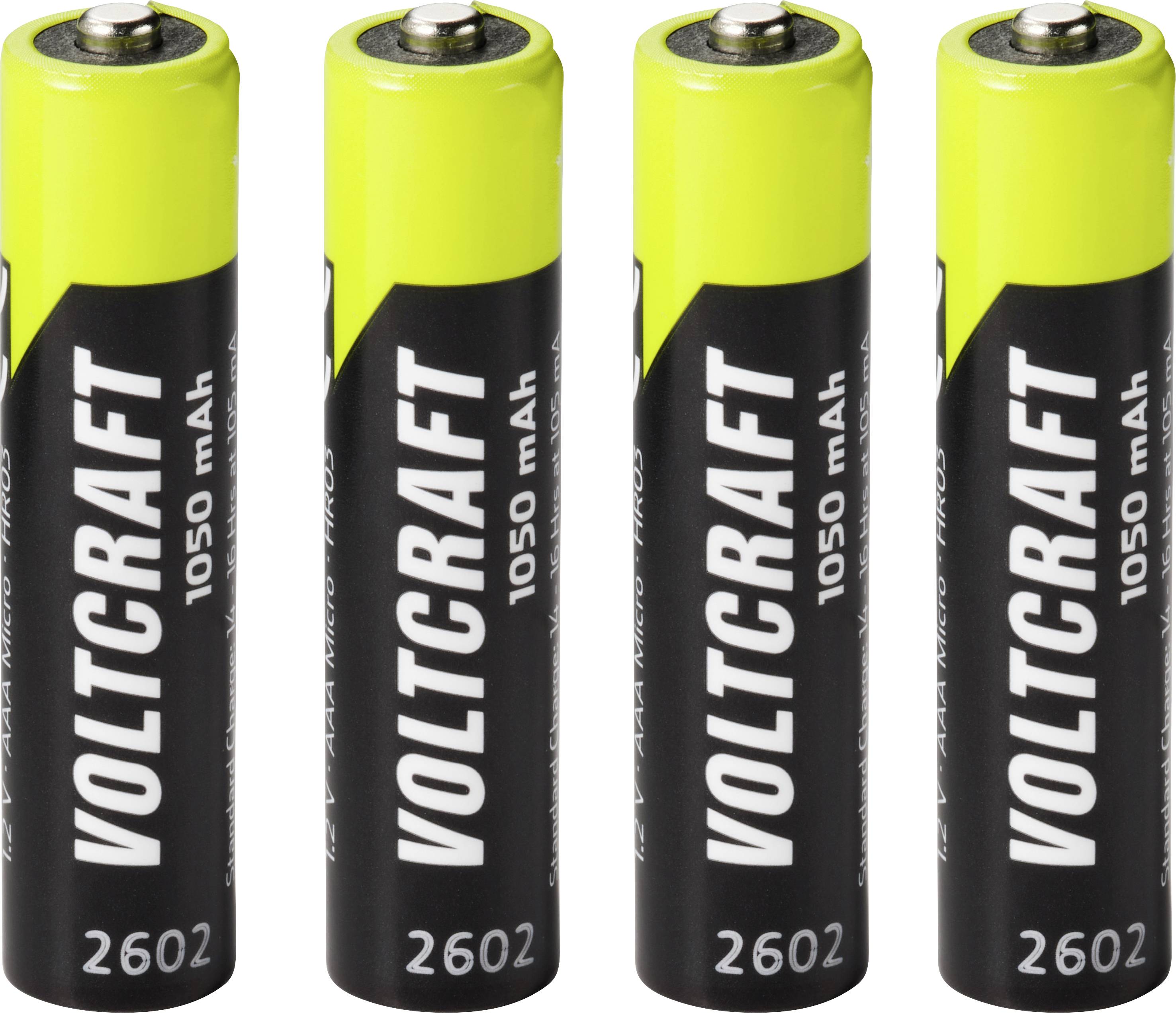 Vier Voltcraft AA-Batterien, aufrecht hintereinander angeordnet, mit den Bezeichnungen „1050 mAh