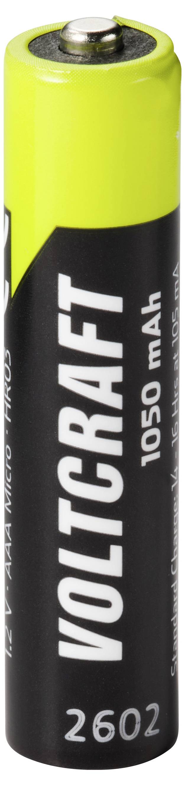 Einzelne Voltcraft 1050 mAh wiederaufladbare Batterie mit schwarzem und grün-grünem Etikett, aufrecht auf weißem Hintergrund dargestellt.