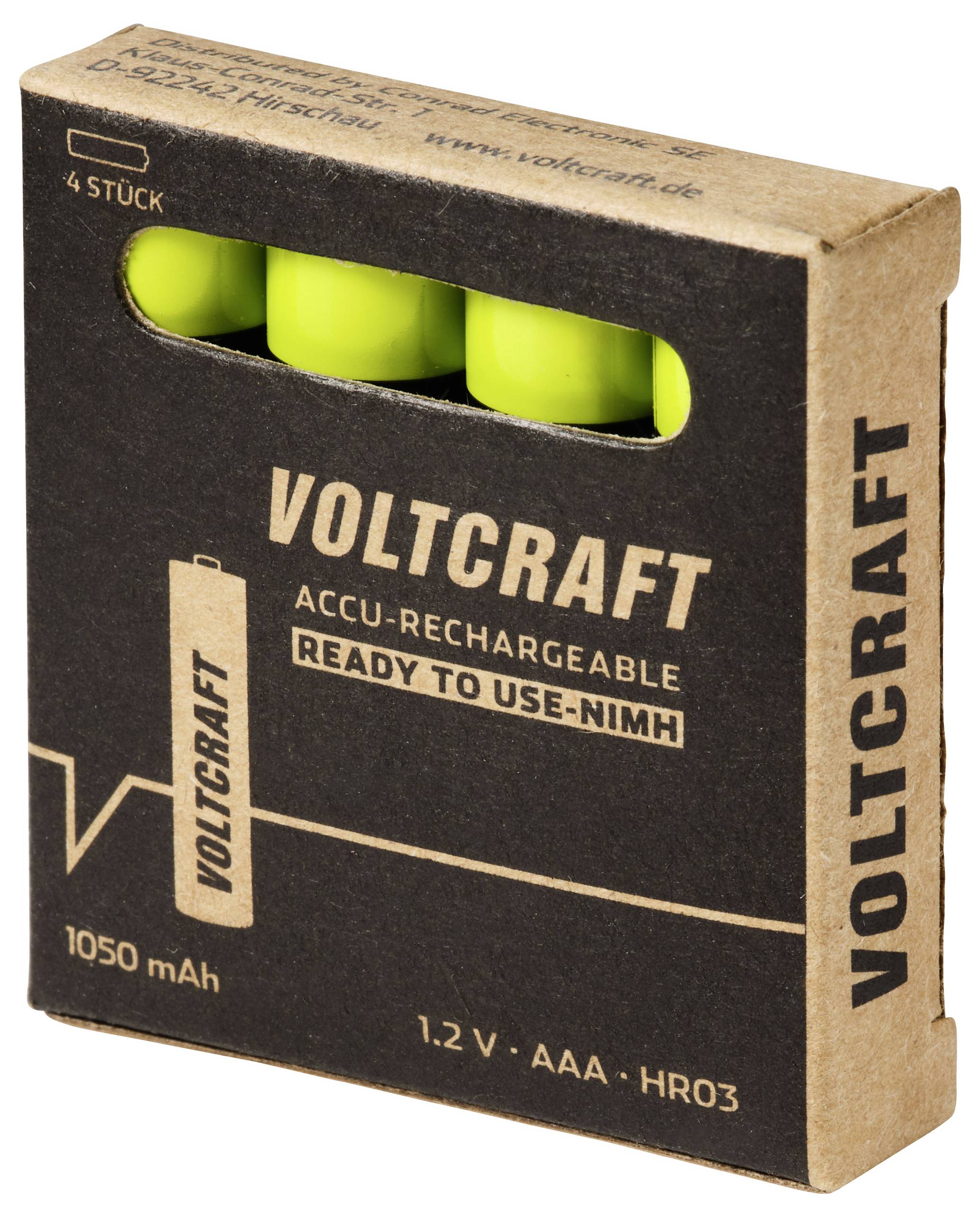 Voltcraft Packung mit 4 gebrauchsfertigen wiederaufladbaren AAA-Batterien, 1,2 V, 1050 mAh, mit drei sichtbaren grünen Batterien durch das Fenster.