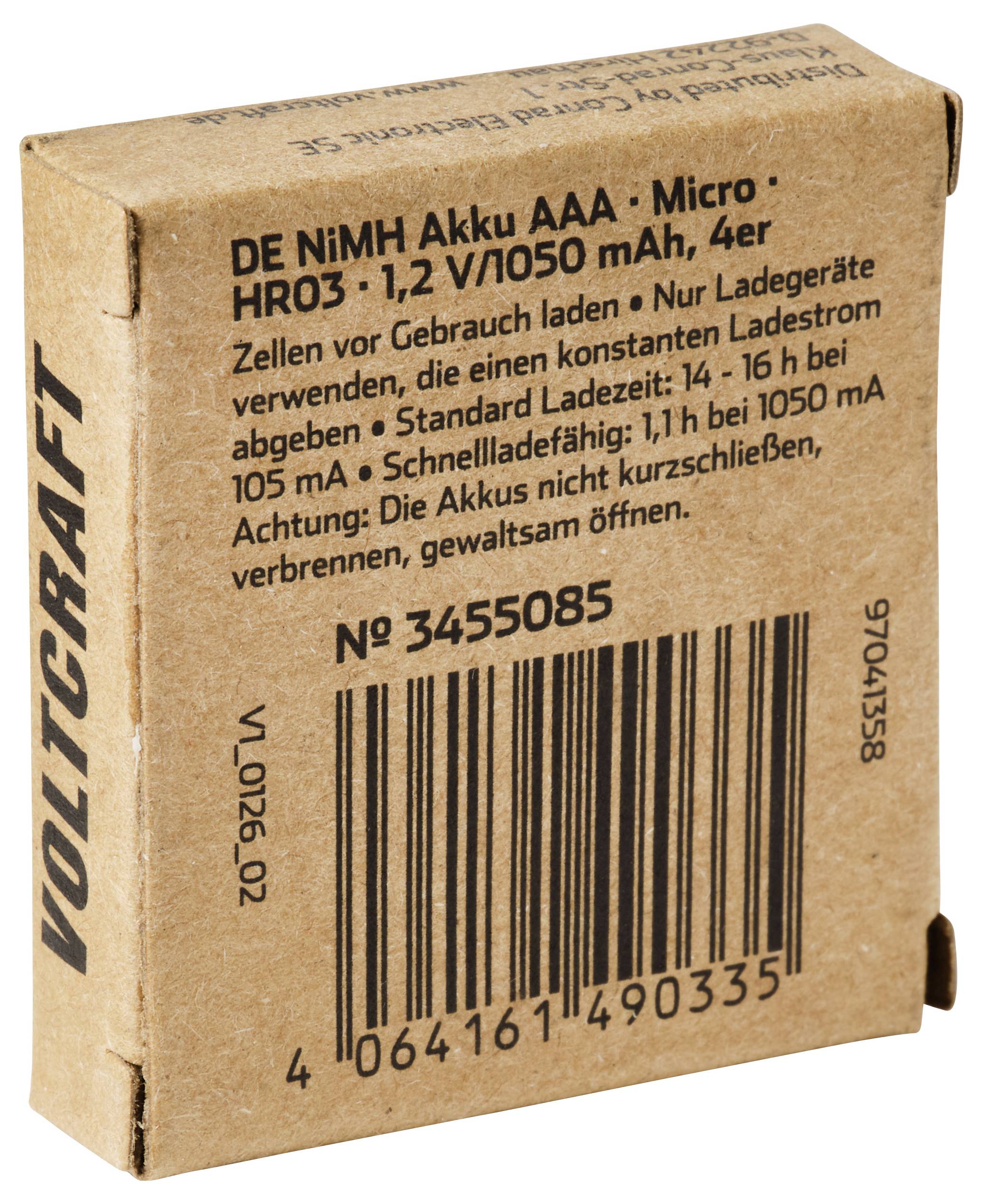 Kartonverpackung Voltcraft-Batteriekasten mit der Bezeichnung „DE NiMH Akku AAA · Micro