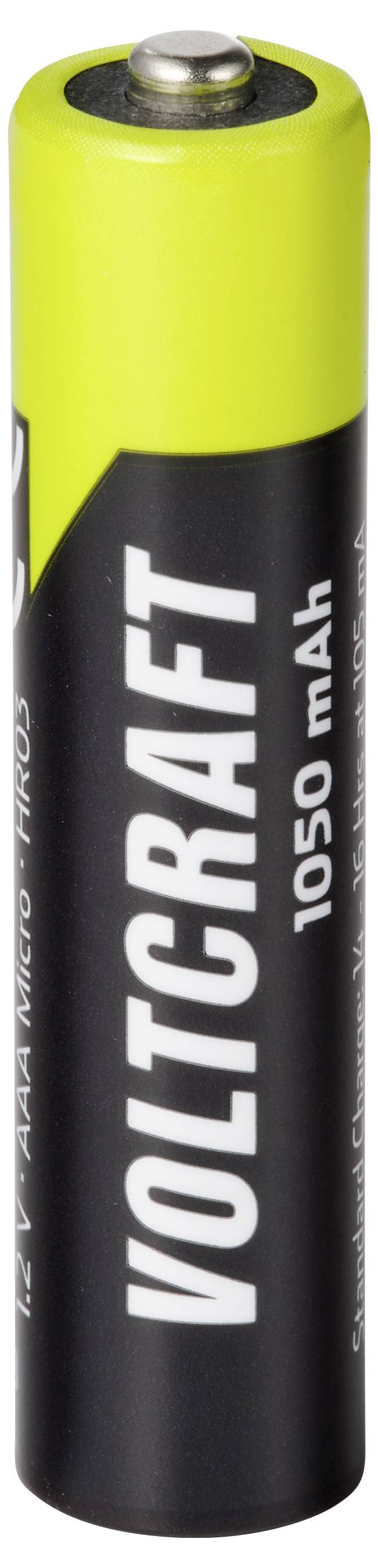 Eine einzelne Voltcraft 1050-mAh-AA-Batterie mit schwarzem Gehäuse und gelbem Deckel, aufrecht auf weißem Hintergrund abgebildet.