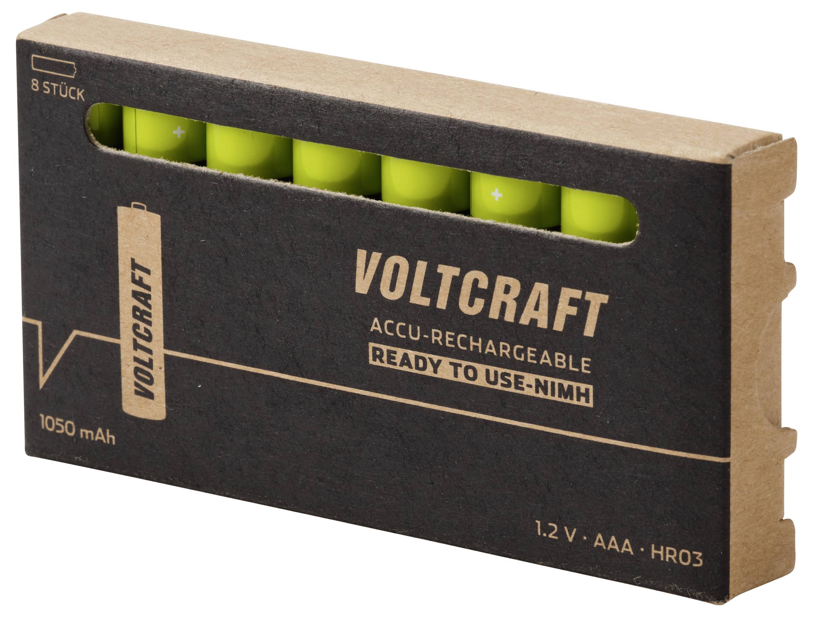VOLTCRAFT Packung mit 8 gebrauchsfertigen wiederaufladbaren AAA-NiMH-Batterien, 1,2 V, 1050 mAh, mit Zellen, die durch das Sichtfenster sichtbar sind.