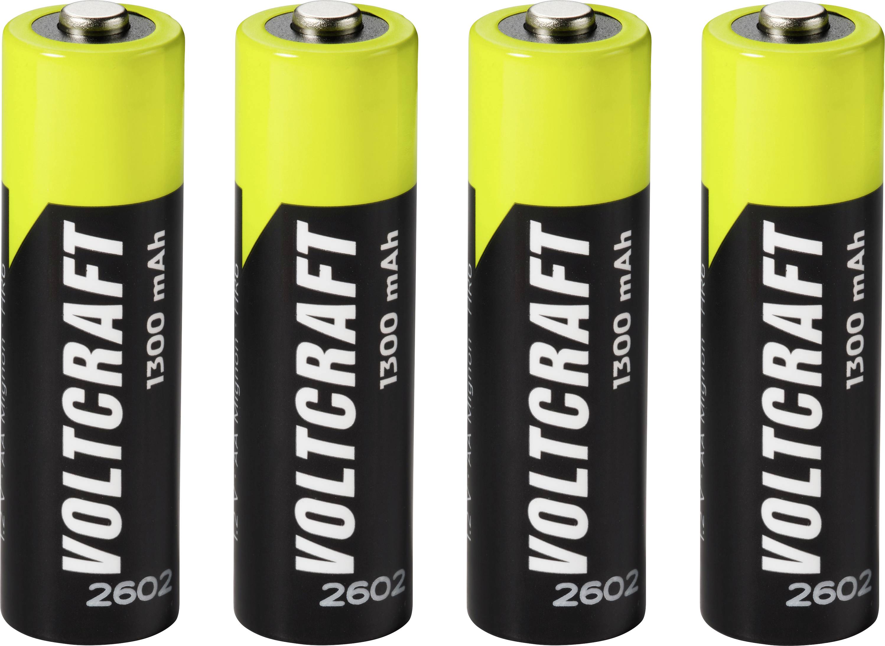 Vier schwarze und gelbe Voltcraft 1300 mAh AA-Akkus stehen nebeneinander aufrecht.